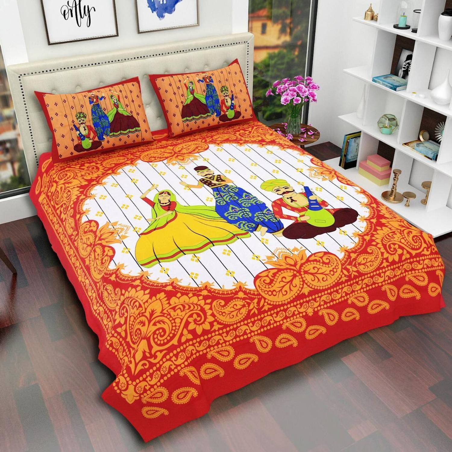 avtar Cotton Queen Flat 144 TC Printed 1 Bedsheet with 2 Pillow Covers