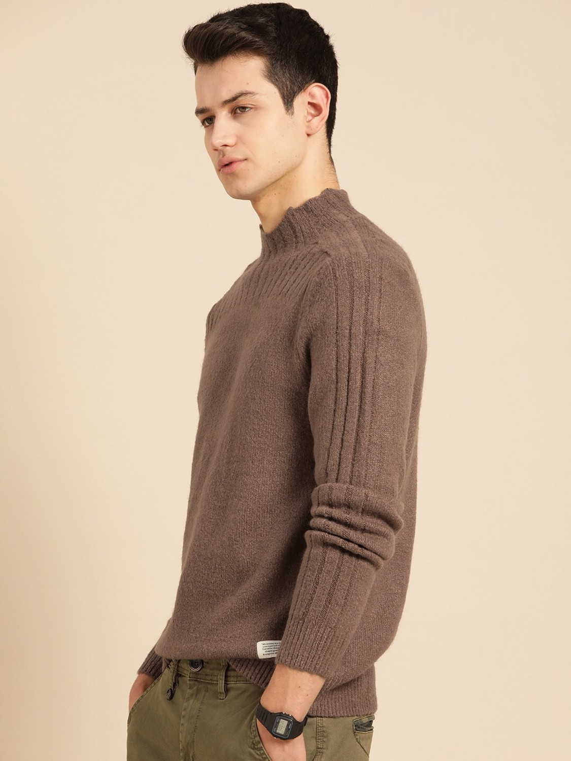 Image of Mr Bowerbird Solid Turtle Neck Casual Men Brown Sweater