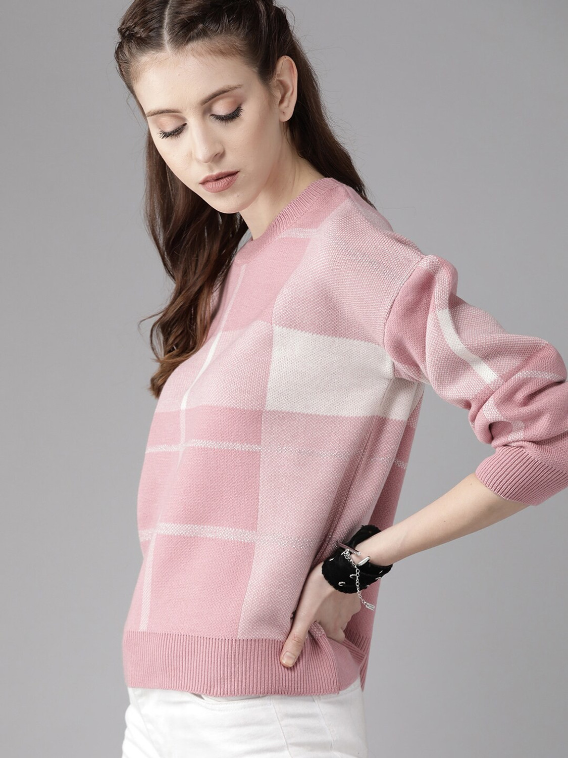 Image of Roadster Self Design Round Neck Casual Women Pink Sweater