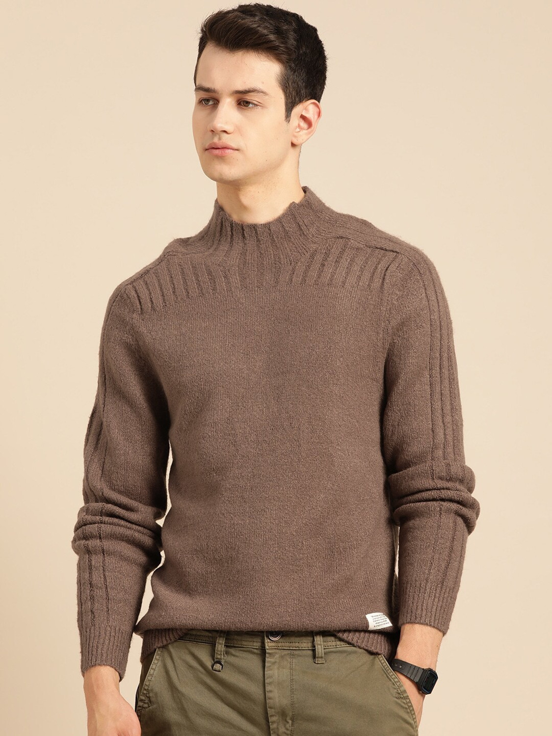 Image of Mr Bowerbird Solid Turtle Neck Casual Men Brown Sweater