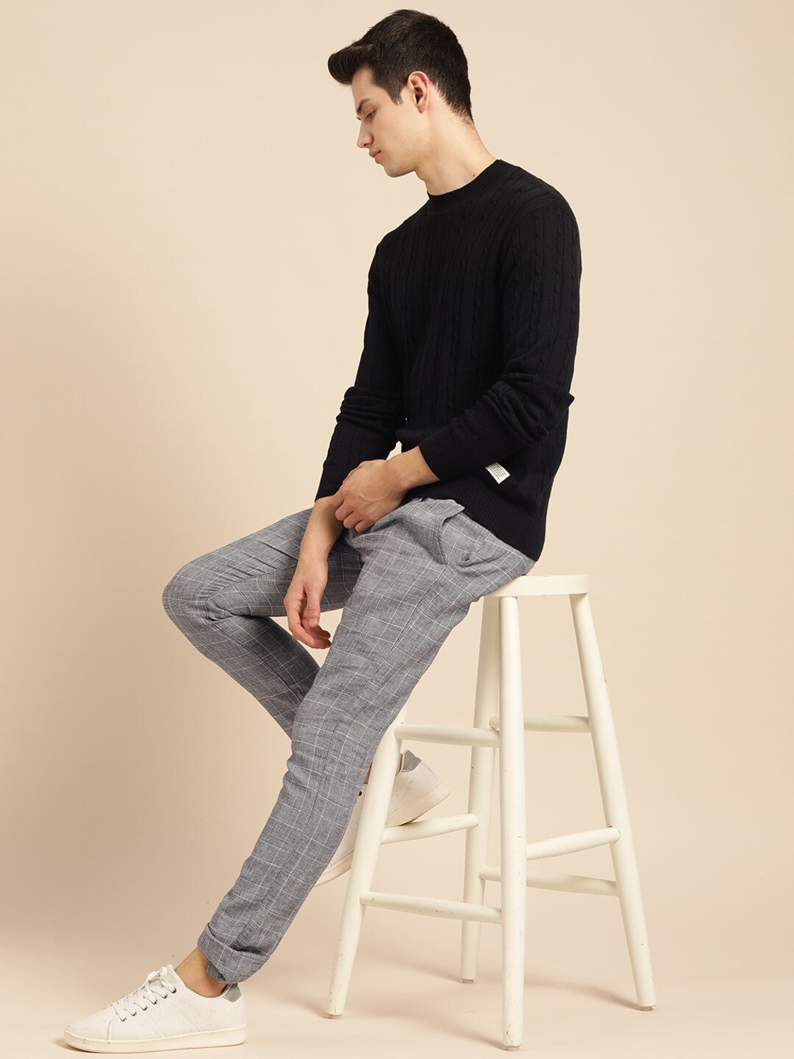 Image of Mr Bowerbird Self Design Round Neck Casual Men Black Sweater