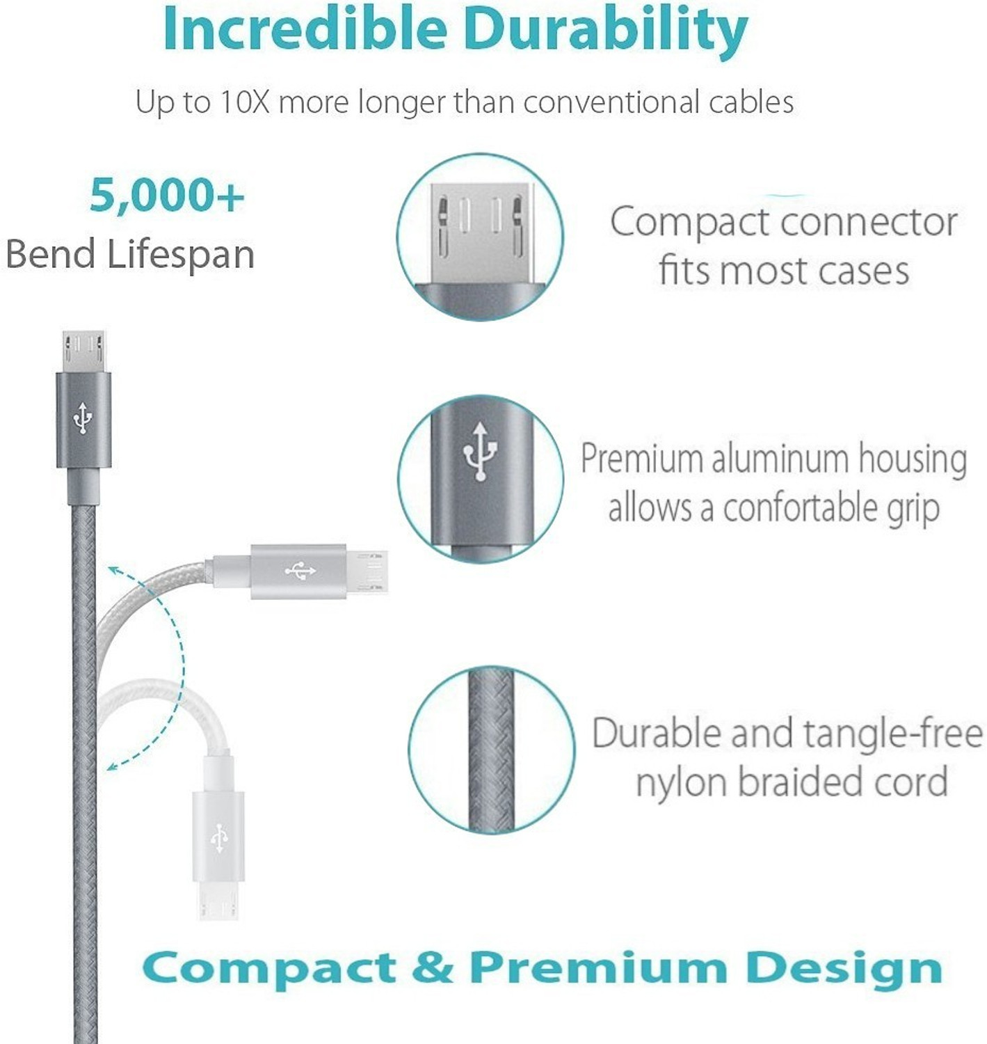 Image of QUANTUM Micro USB Cable 2 A 1 m F3 1.5m Tough & Durable Nylon Braided