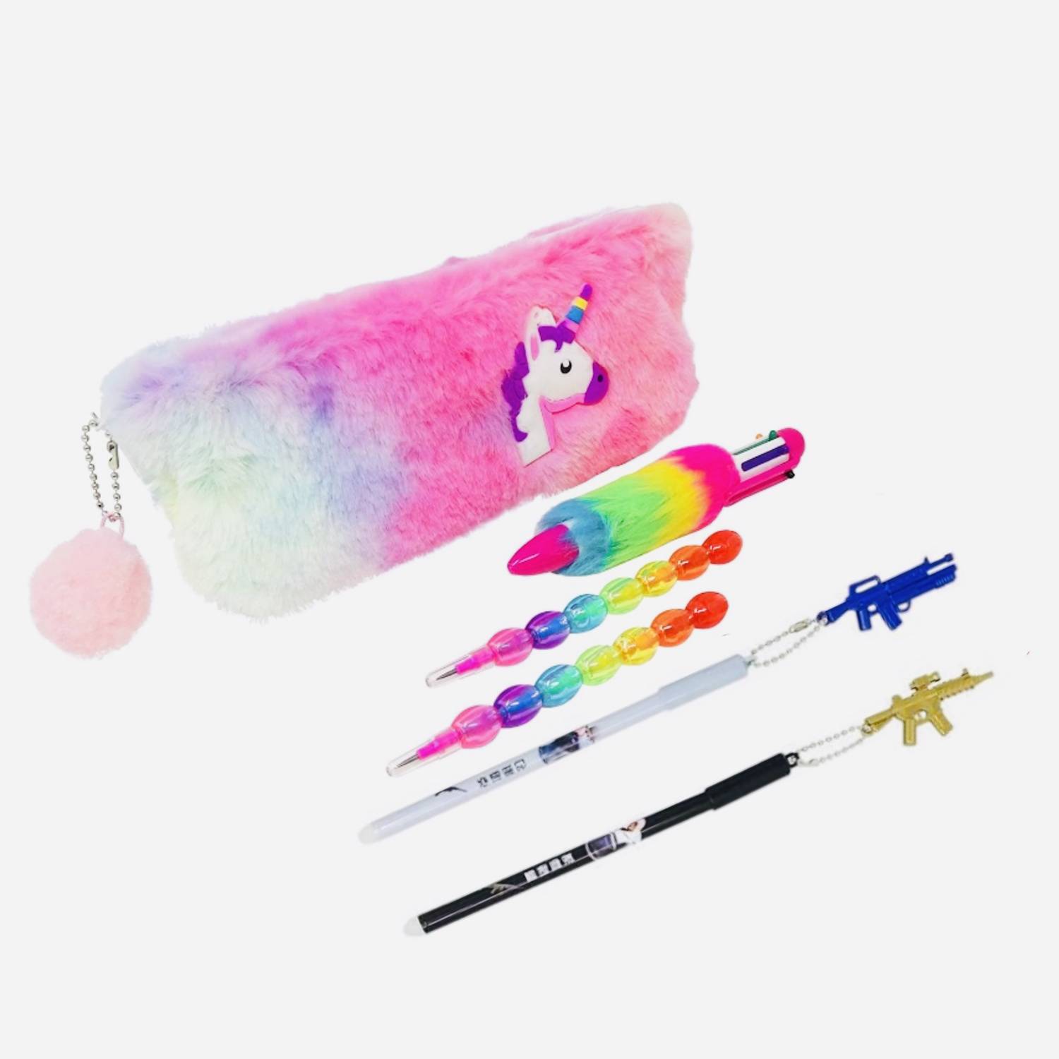 13House Kids (Pack of 6) Unicorn Horn Fur Pouch With Stationary Items For Kids/Feather Pen/Stacking Pearl Moti Pencil/Gun Shaped Pen/Pouches For Girls/School Stationary Set