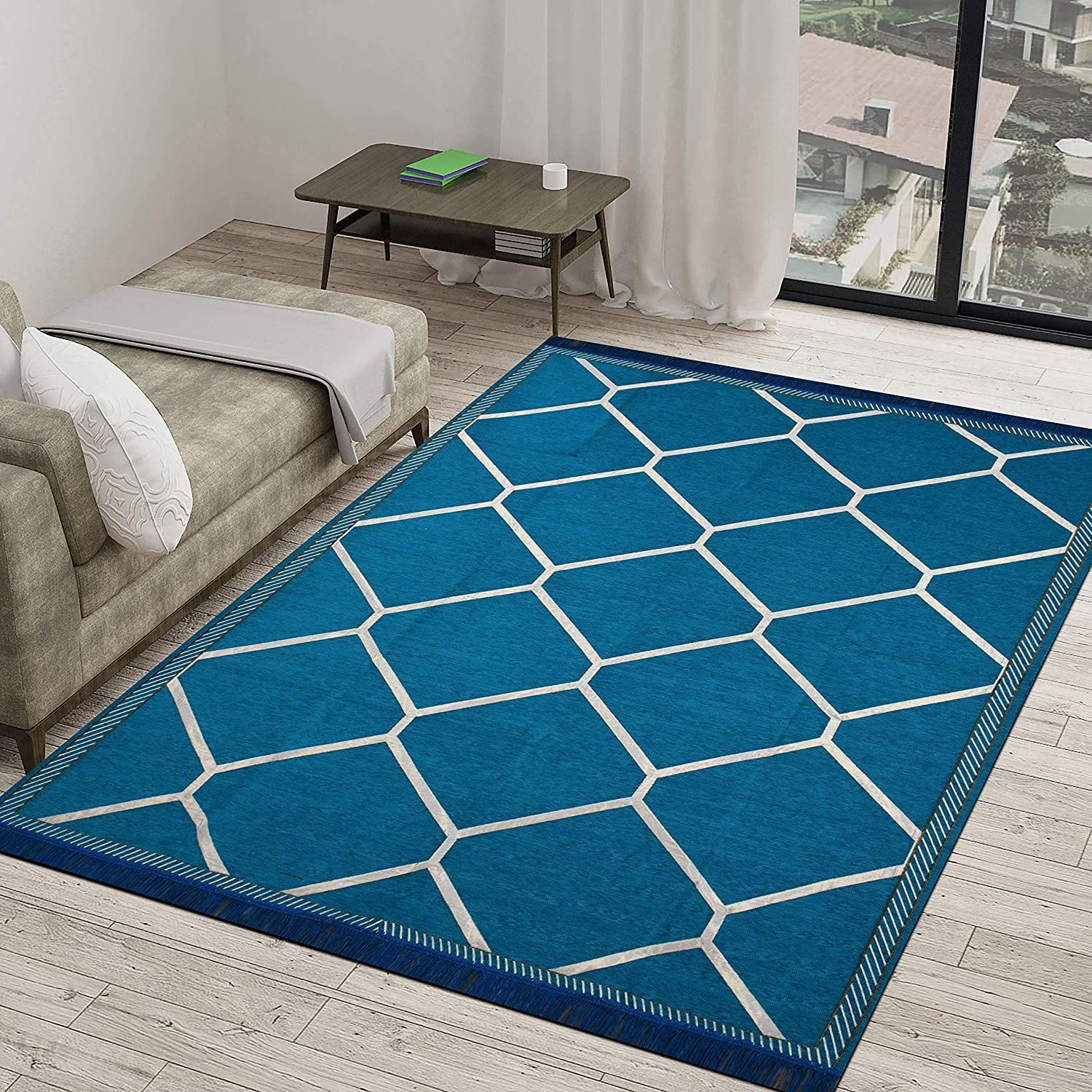 Image of Sparrow world 5 ft X 7 ft Chenille Carpet (Rectangle, Blue)