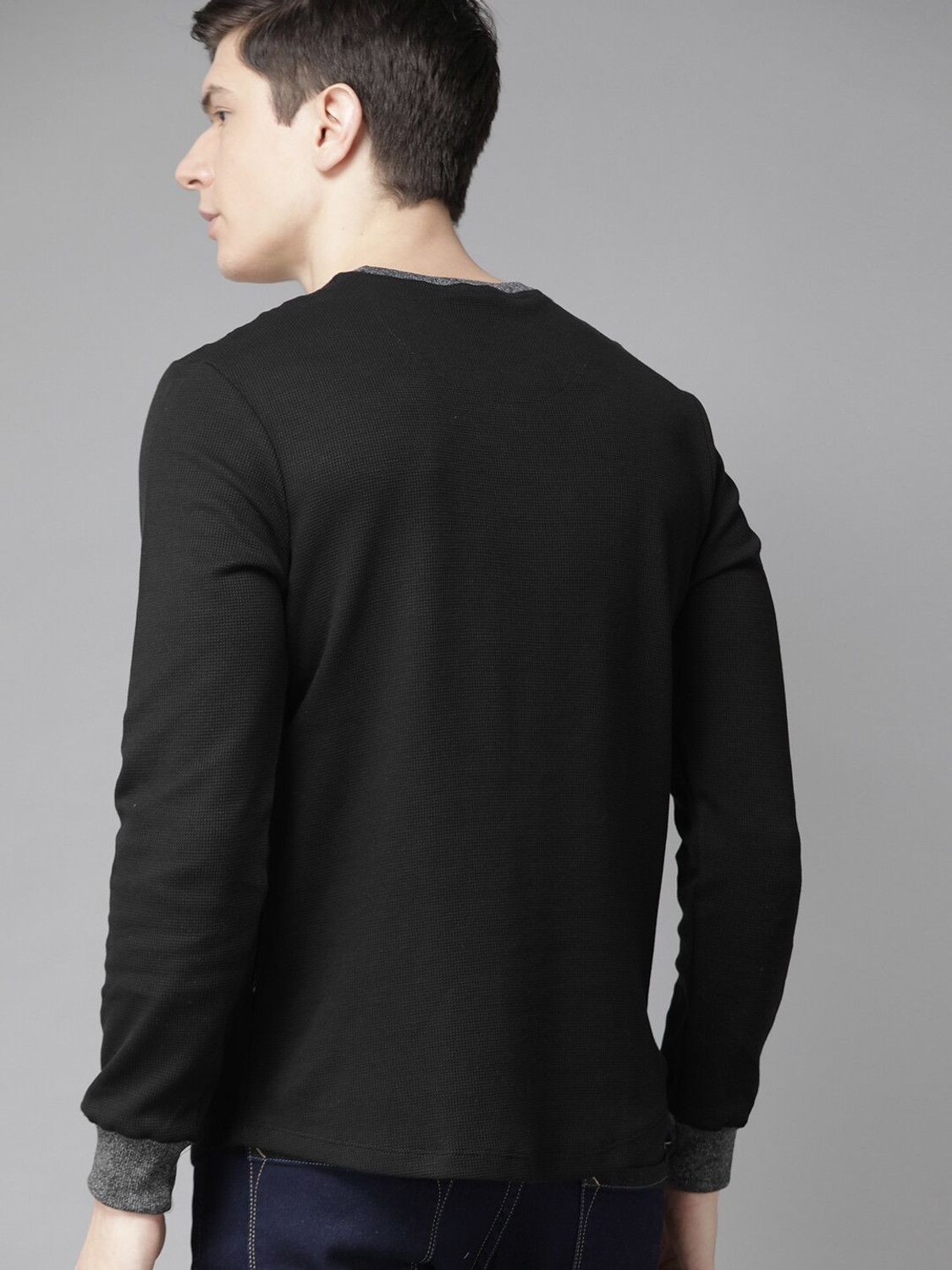 Image of Roadster Self Design Men Round Neck Black T-Shirt
