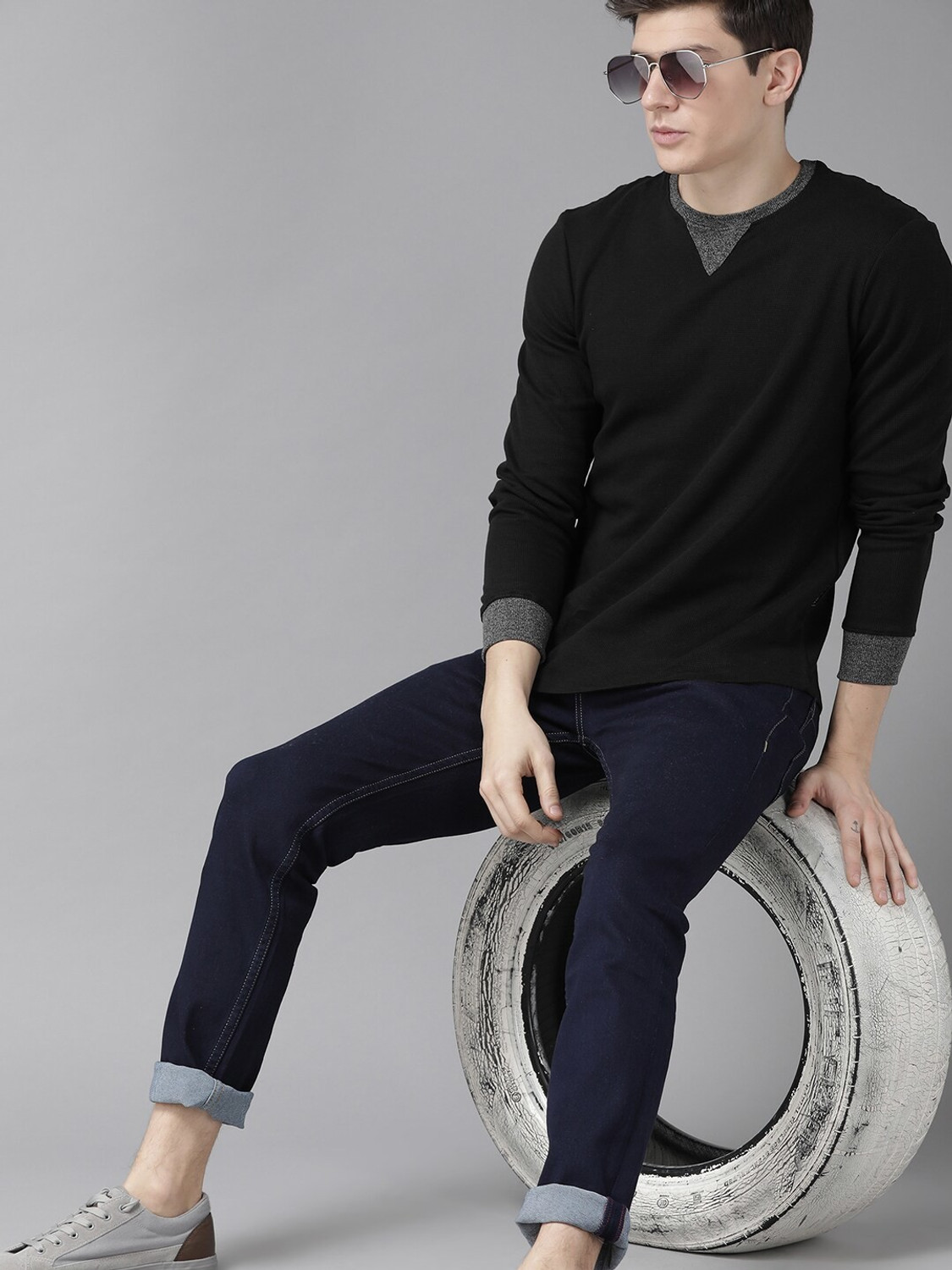 Image of Roadster Self Design Men Round Neck Black T-Shirt