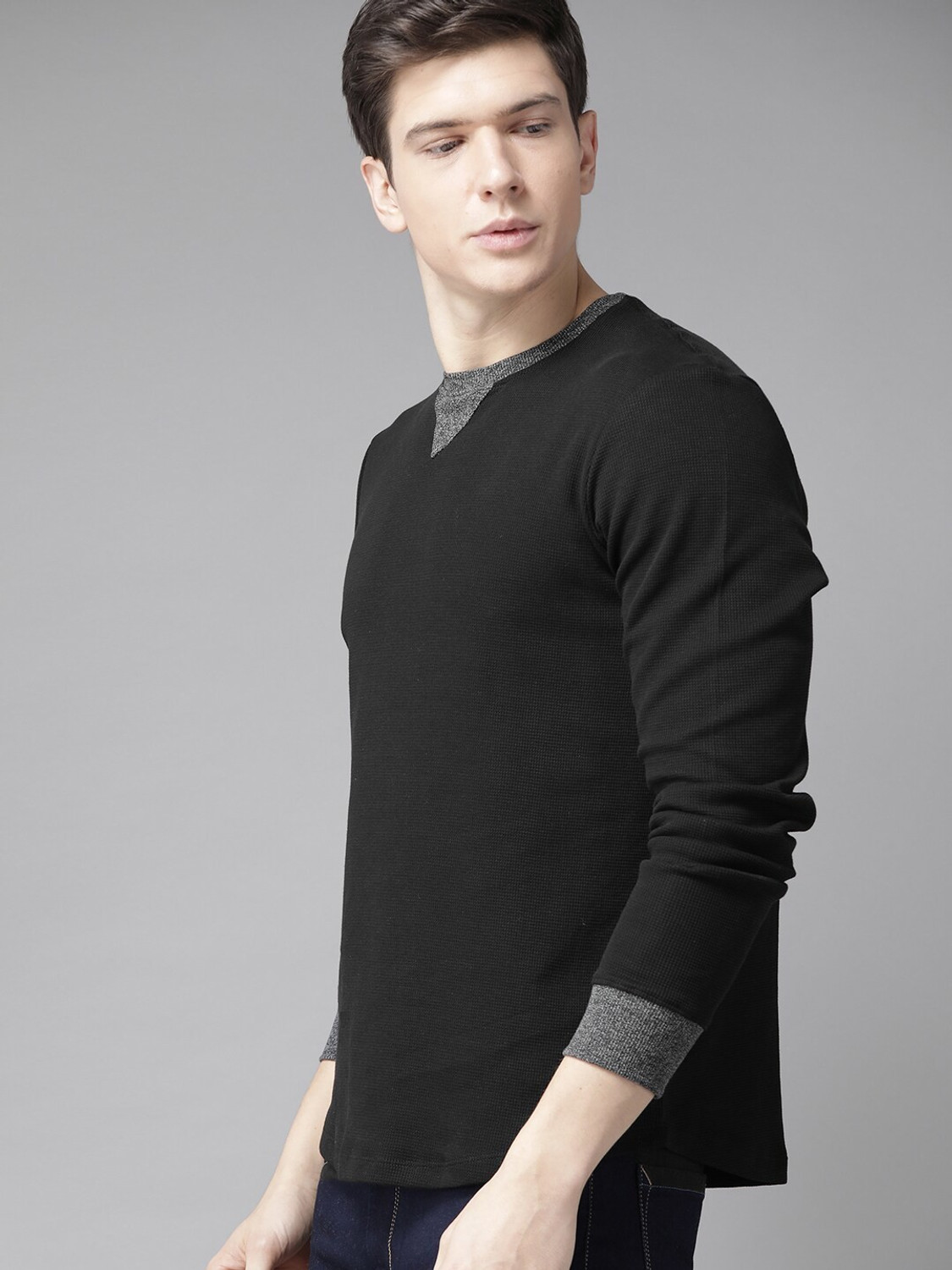 Image of Roadster Self Design Men Round Neck Black T-Shirt