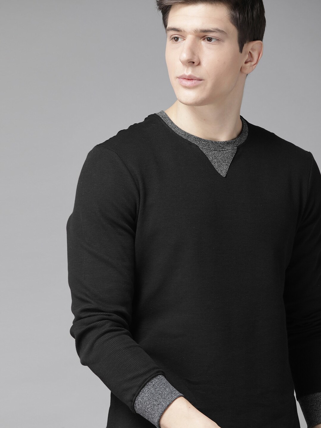 Image of Roadster Self Design Men Round Neck Black T-Shirt