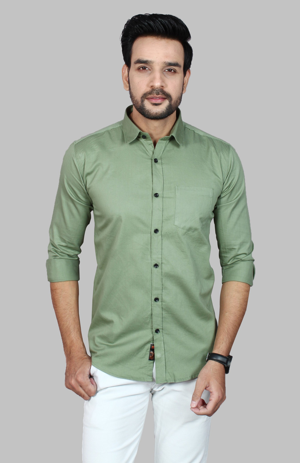 Image of Liza Martin Men Solid Formal Light Green Shirt