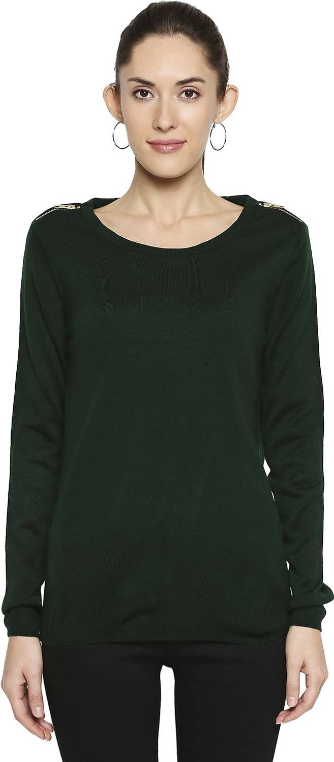 Annabelle by Pantaloons Solid Round Neck Casual Women Green Sweater