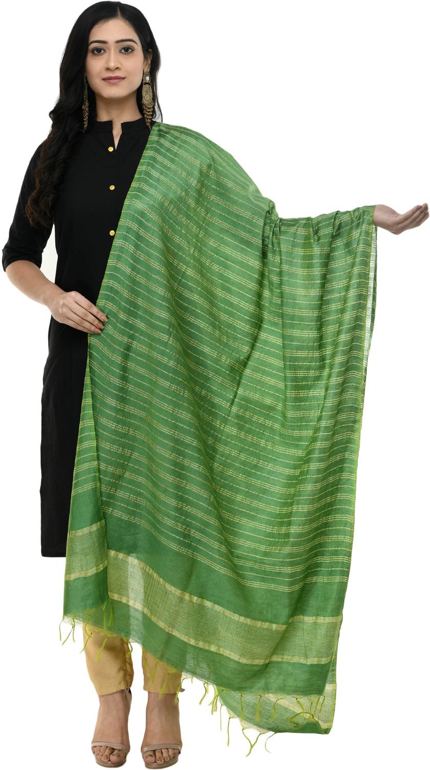 A R SILK Pure Cotton Striped Green Women Dupatta
