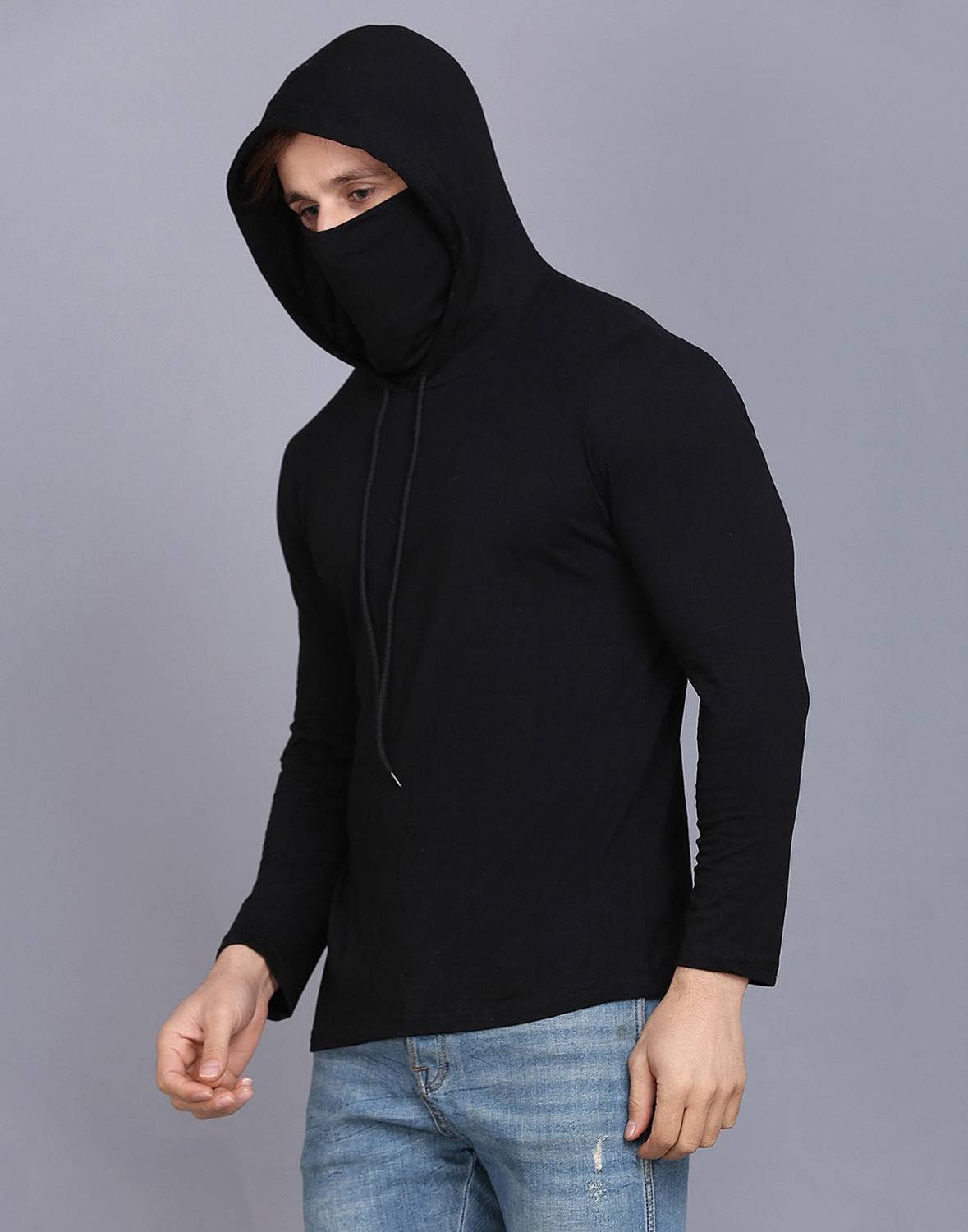 SlowLoris Men Typography Hooded Neck Cotton Blend Black T-Shirt