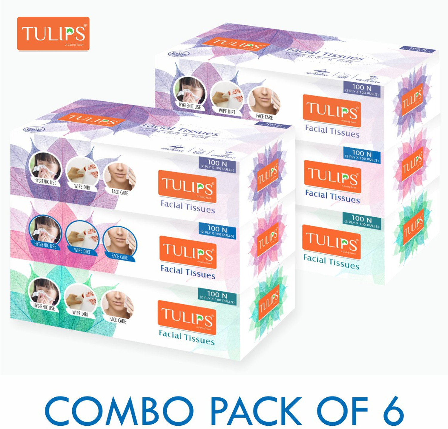 Image of Tulips Facial Dry Tissue Paper, Super Soft, Super Absorbent & 100% Pure