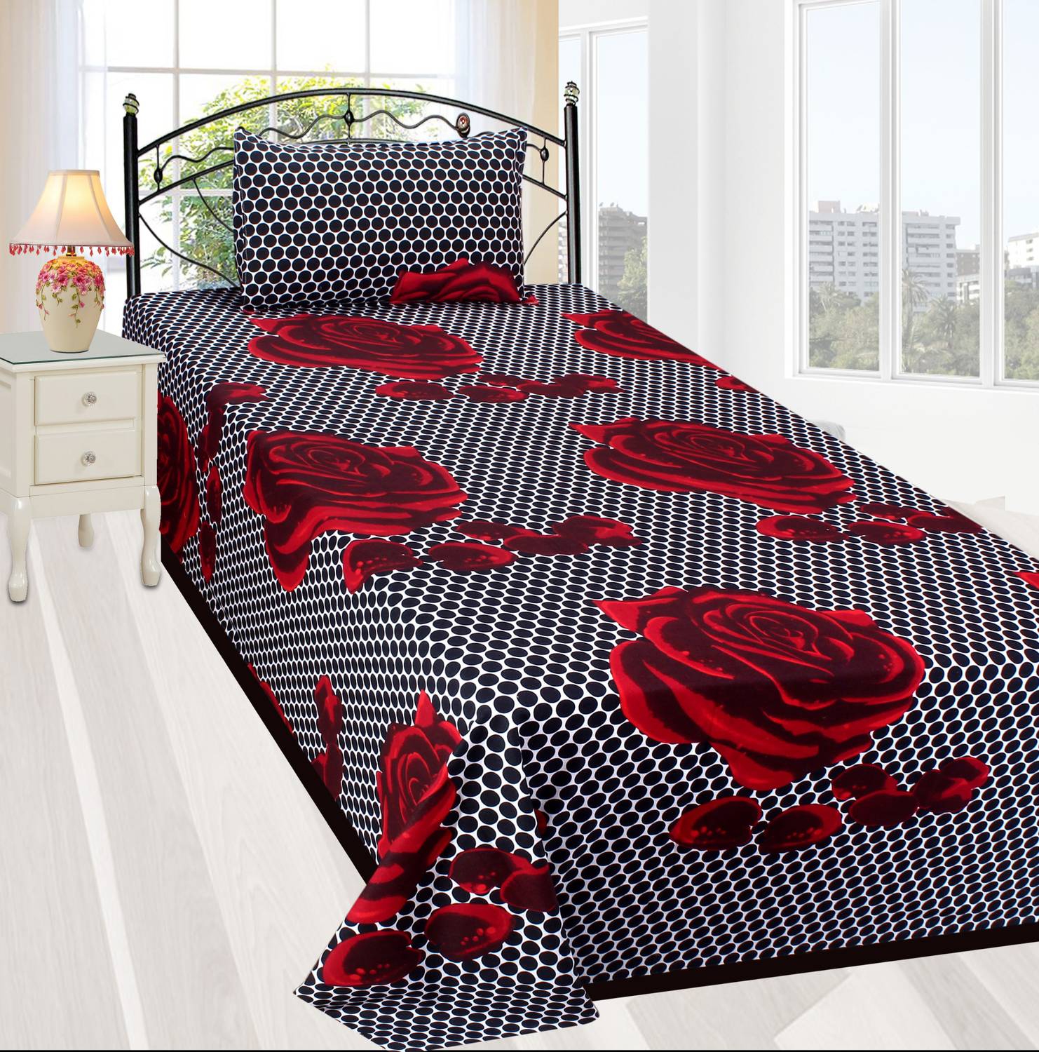 AJM Polyester Single Flat 120 TC Floral 1 Bedsheet with 2 Pillow Covers