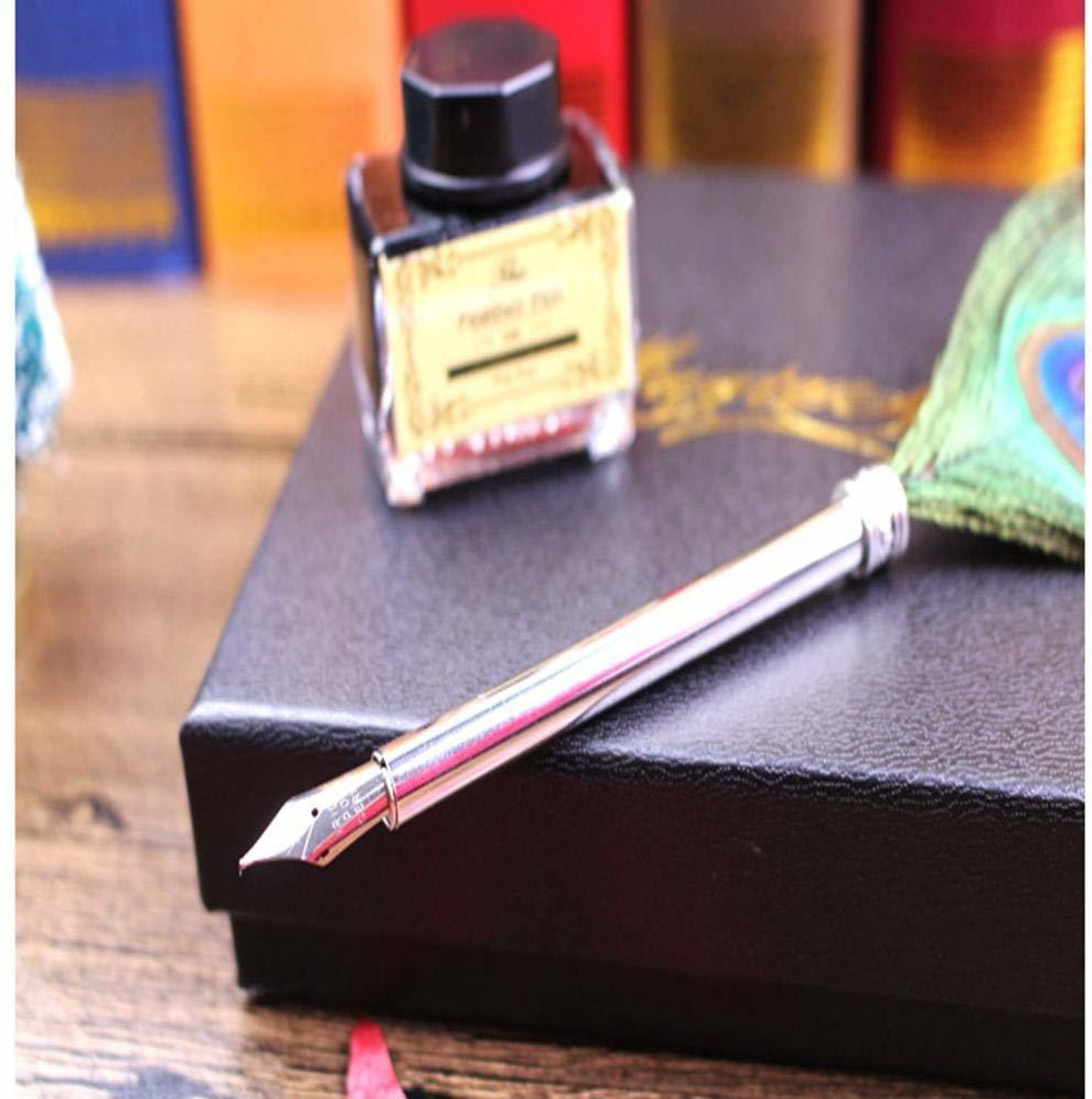 Image of izone Presents Legend Retro Style Feather Calligraphy Pen Set Writing Quill Old Fashion Peacock Feather Dip Antique Fountain Pen Kit With Ink Bottle & Iridium Tipped (Peacock Feather Pen silver) Fountain Pen