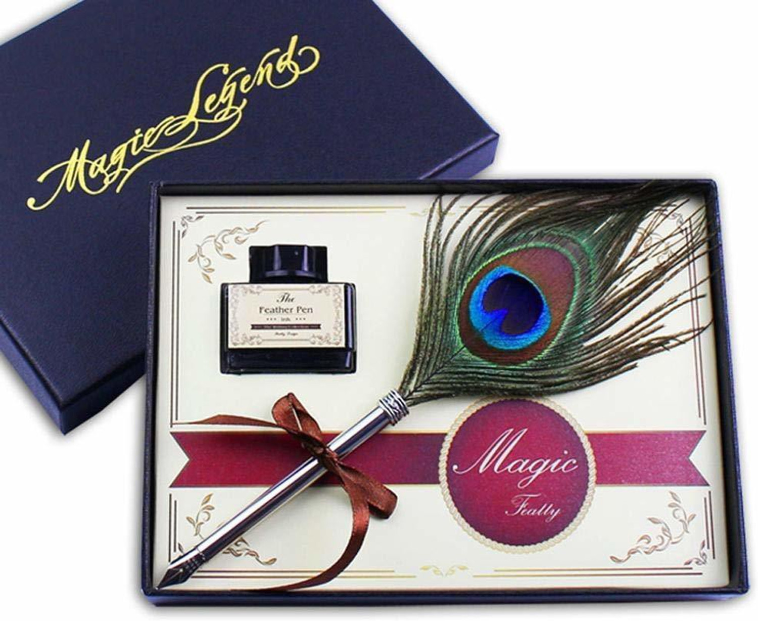 Image of izone Presents Legend Retro Style Feather Calligraphy Pen Set Writing Quill Old Fashion Peacock Feather Dip Antique Fountain Pen Kit With Ink Bottle & Iridium Tipped (Peacock Feather Pen silver) Fountain Pen