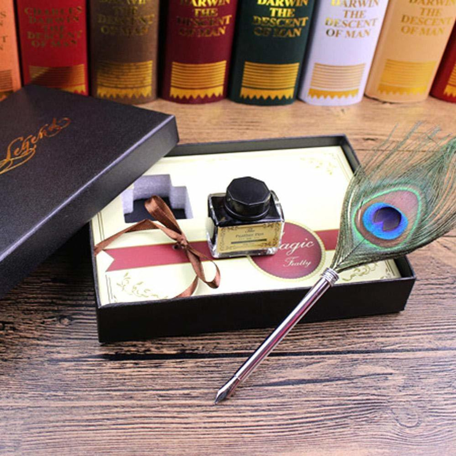 Image of izone Presents Legend Retro Style Feather Calligraphy Pen Set Writing Quill Old Fashion Peacock Feather Dip Antique Fountain Pen Kit With Ink Bottle & Iridium Tipped (Peacock Feather Pen silver) Fountain Pen