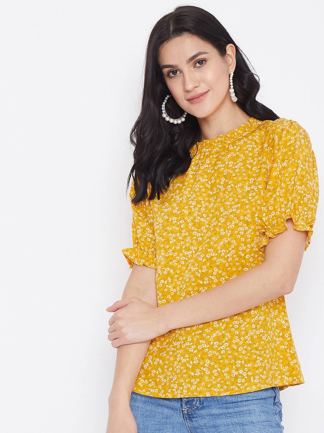 Berrylush Casual Short Sleeve Printed, Floral Print Women Yellow Top