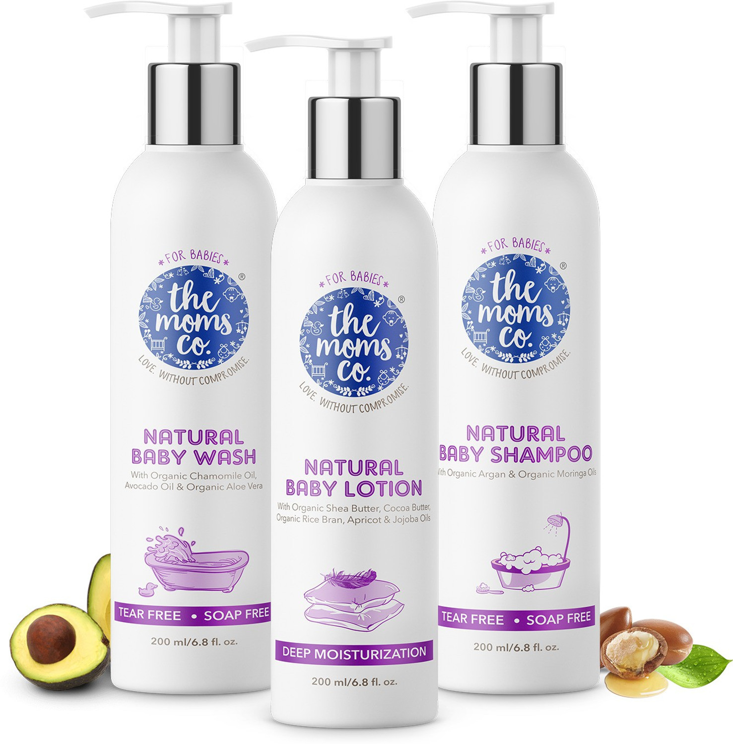 Image of The Moms Co. Natural Baby Wash, Shampoo & Lotion with Chamomile, Avacado Oil|Tear & Soap Free