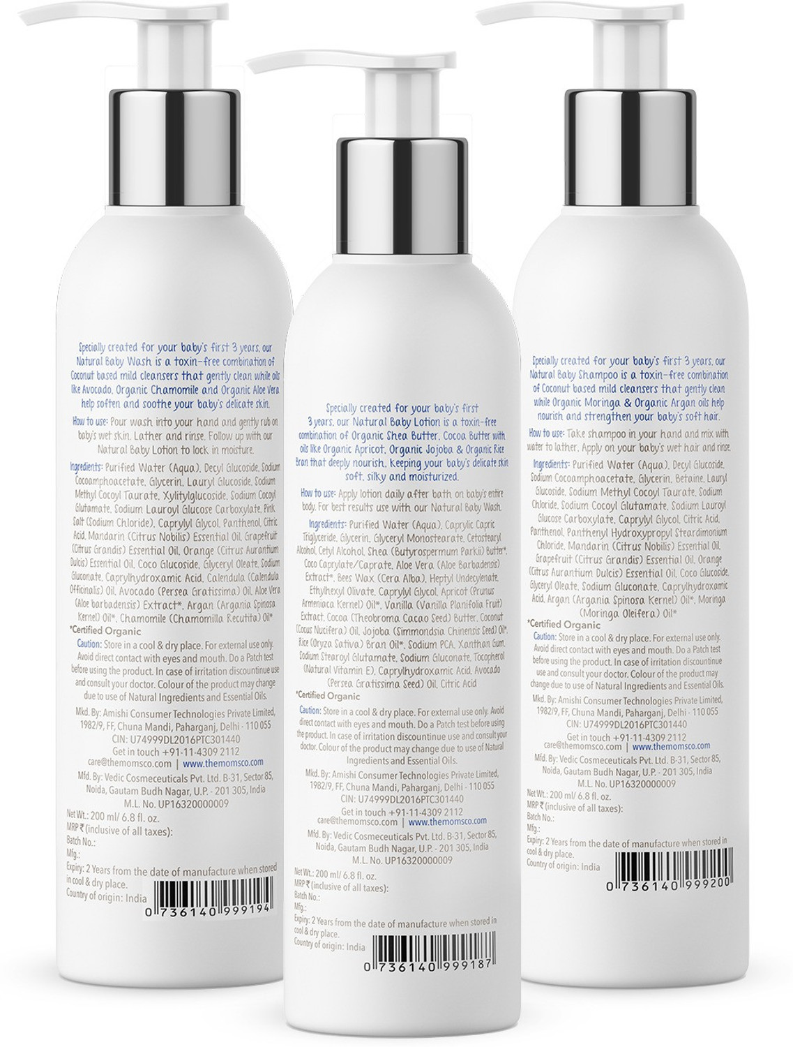 Image of The Moms Co. Natural Baby Wash, Shampoo & Lotion with Chamomile, Avacado Oil|Tear & Soap Free