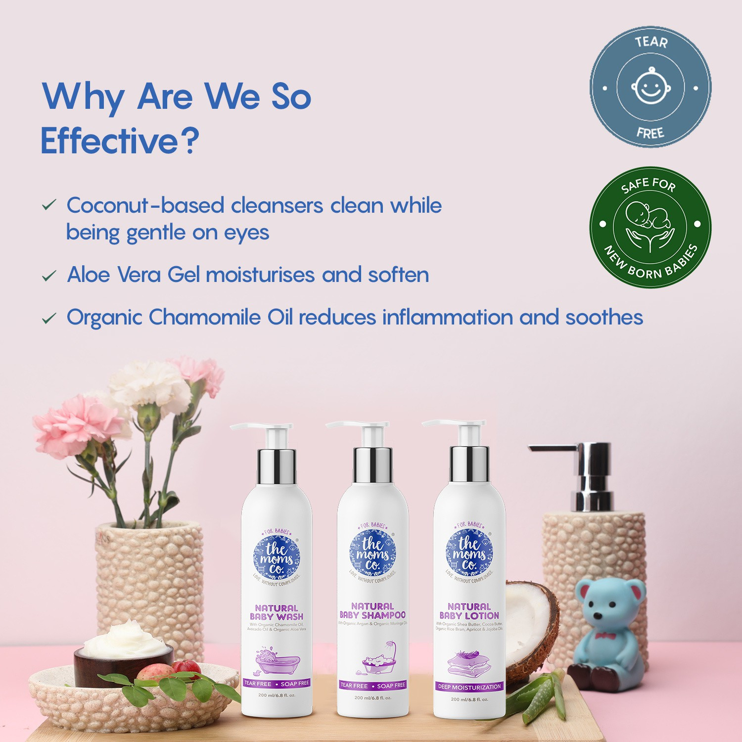 Image of The Moms Co. Natural Baby Wash, Shampoo & Lotion with Chamomile, Avacado Oil|Tear & Soap Free