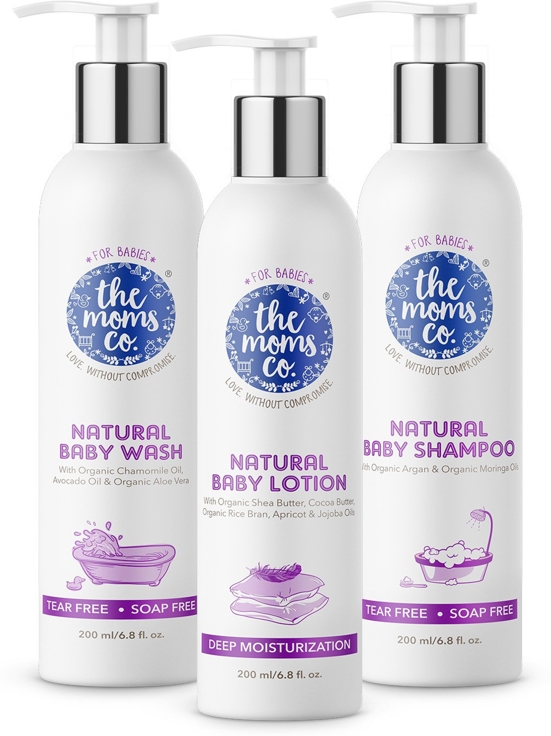 Image of The Moms Co. Natural Baby Wash, Shampoo & Lotion with Chamomile, Avacado Oil|Tear & Soap Free