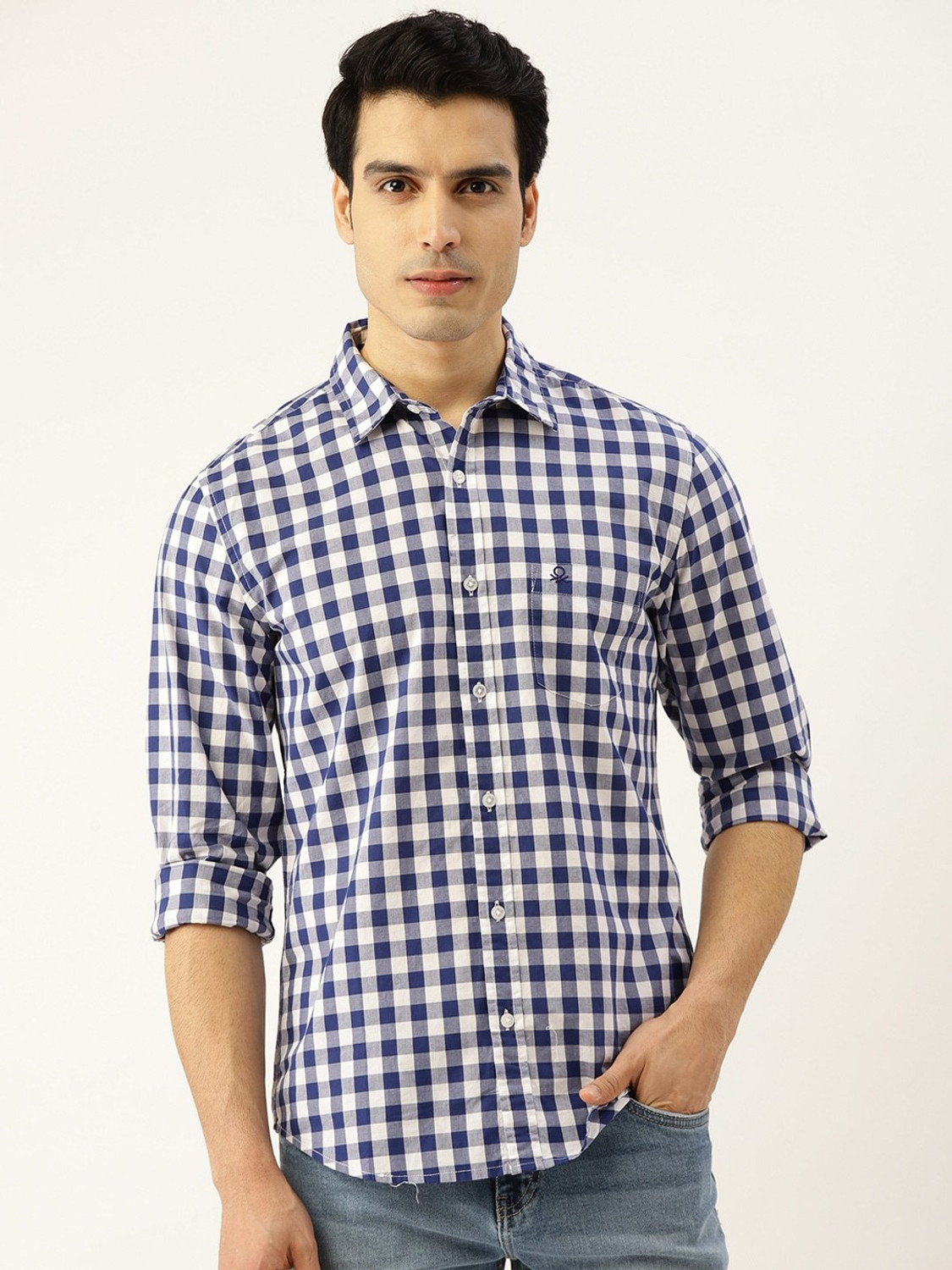 Image of United Colors of Benetton Men Checkered Casual Blue Shirt