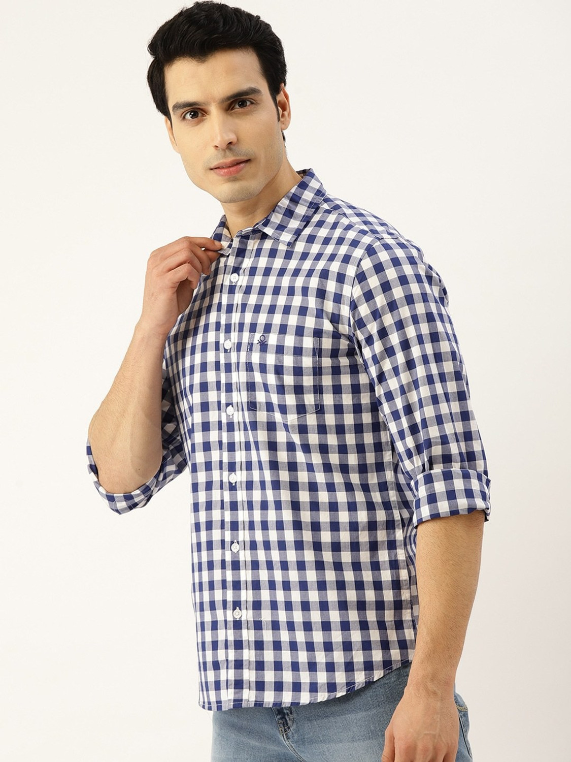 Image of United Colors of Benetton Men Checkered Casual Blue Shirt