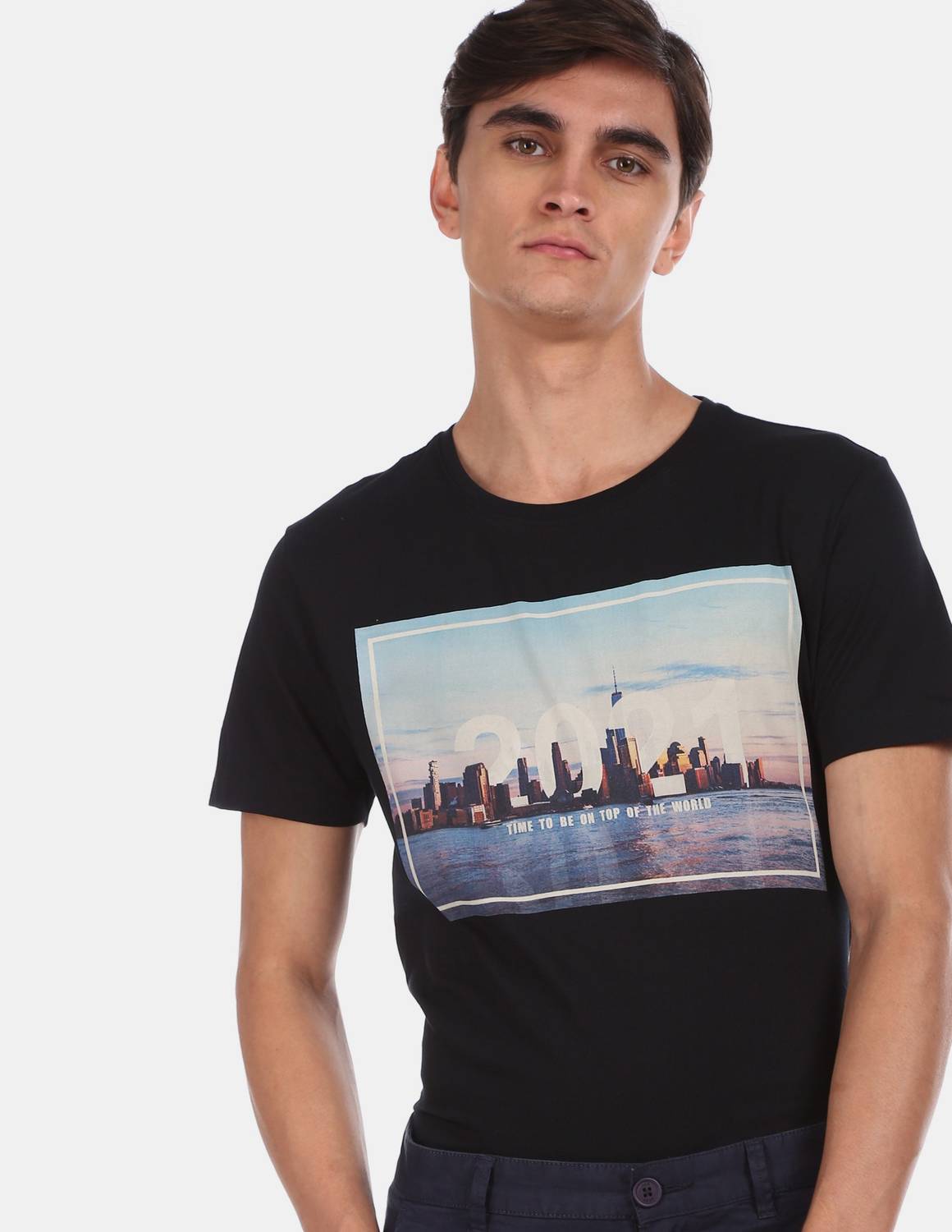 Arrow Newyork Printed Men Round Neck Black T-Shirt