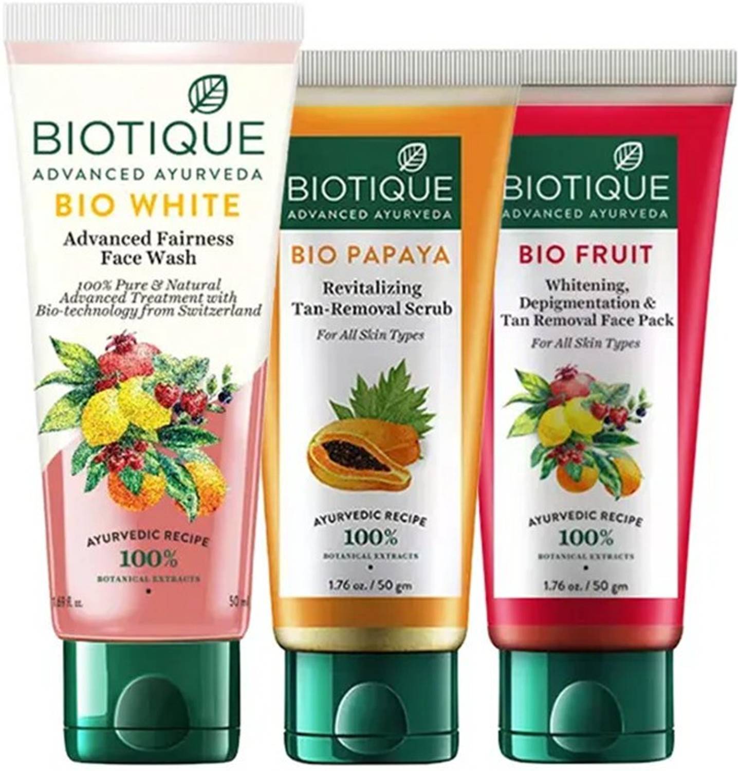 BIOTIQUE BIO WHITE ADVANCE FAIRNESS FACE WASH,100ml & BIO PAPAYA TAN REMOVEL SCRUB,100ml & BIO FRUIT WHITENING FACE PACK,100ml