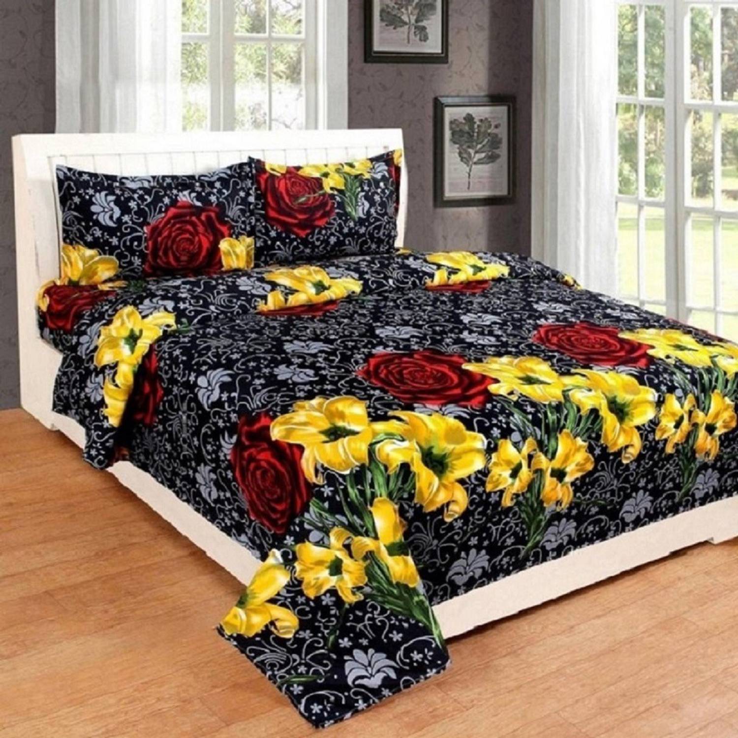 Aradhya Products Microfiber Double Flat 140 TC 3D Printed 1 Bedsheet with 2 Pillow Covers