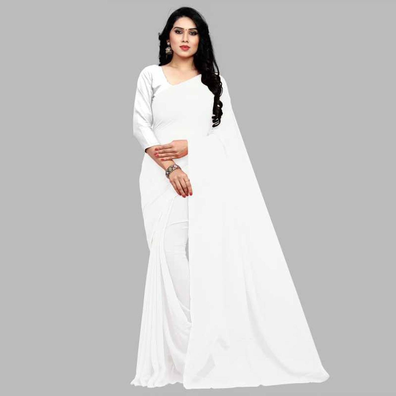Whitewhale Bollywood Plain Georgette Saree Traditionele Feest/Bruiloft