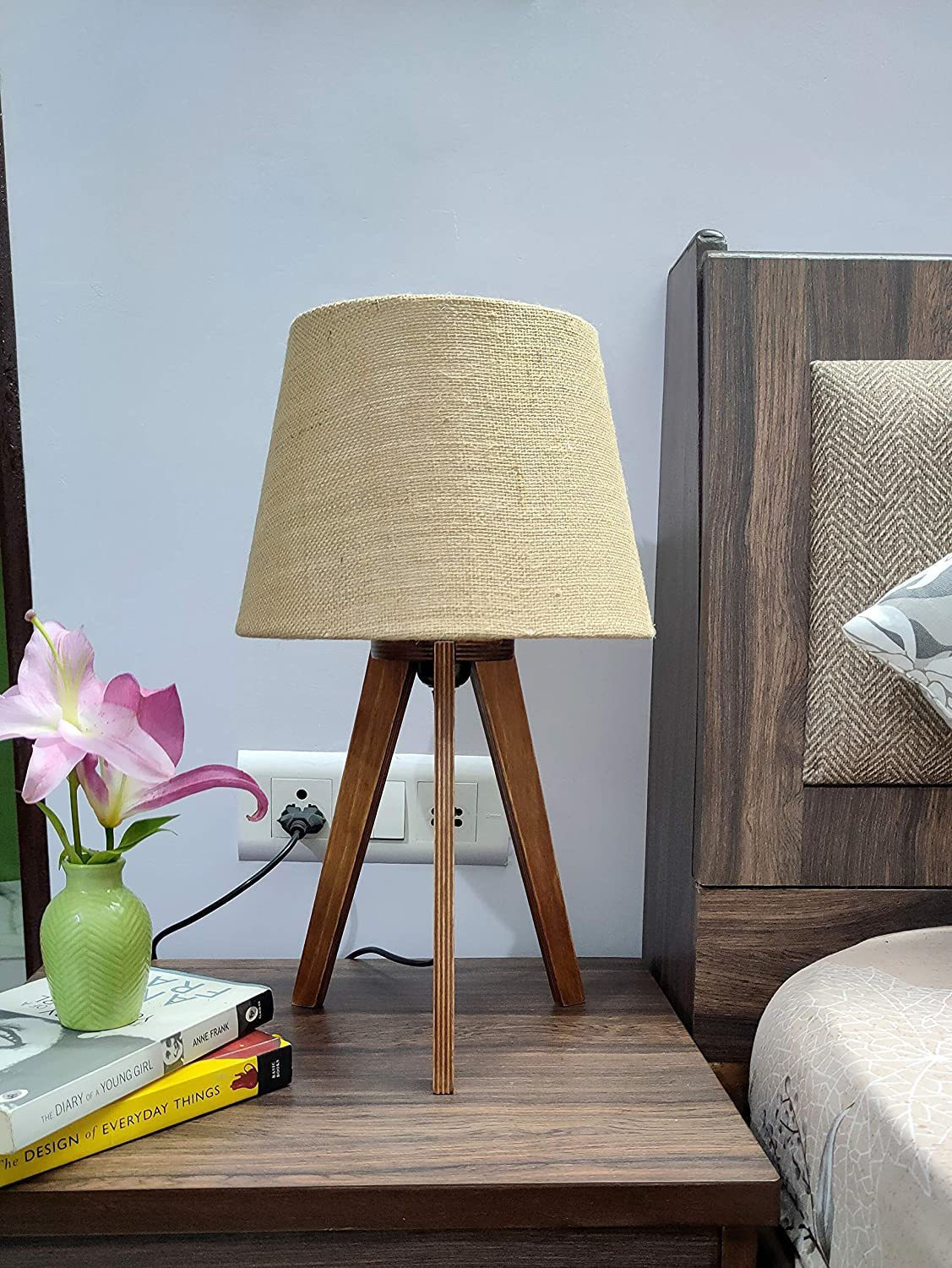 Image of PlyPandit Tripod Desk Lamp for Bedside and Study in Brown Wood Finish (Jute) Table Lamp