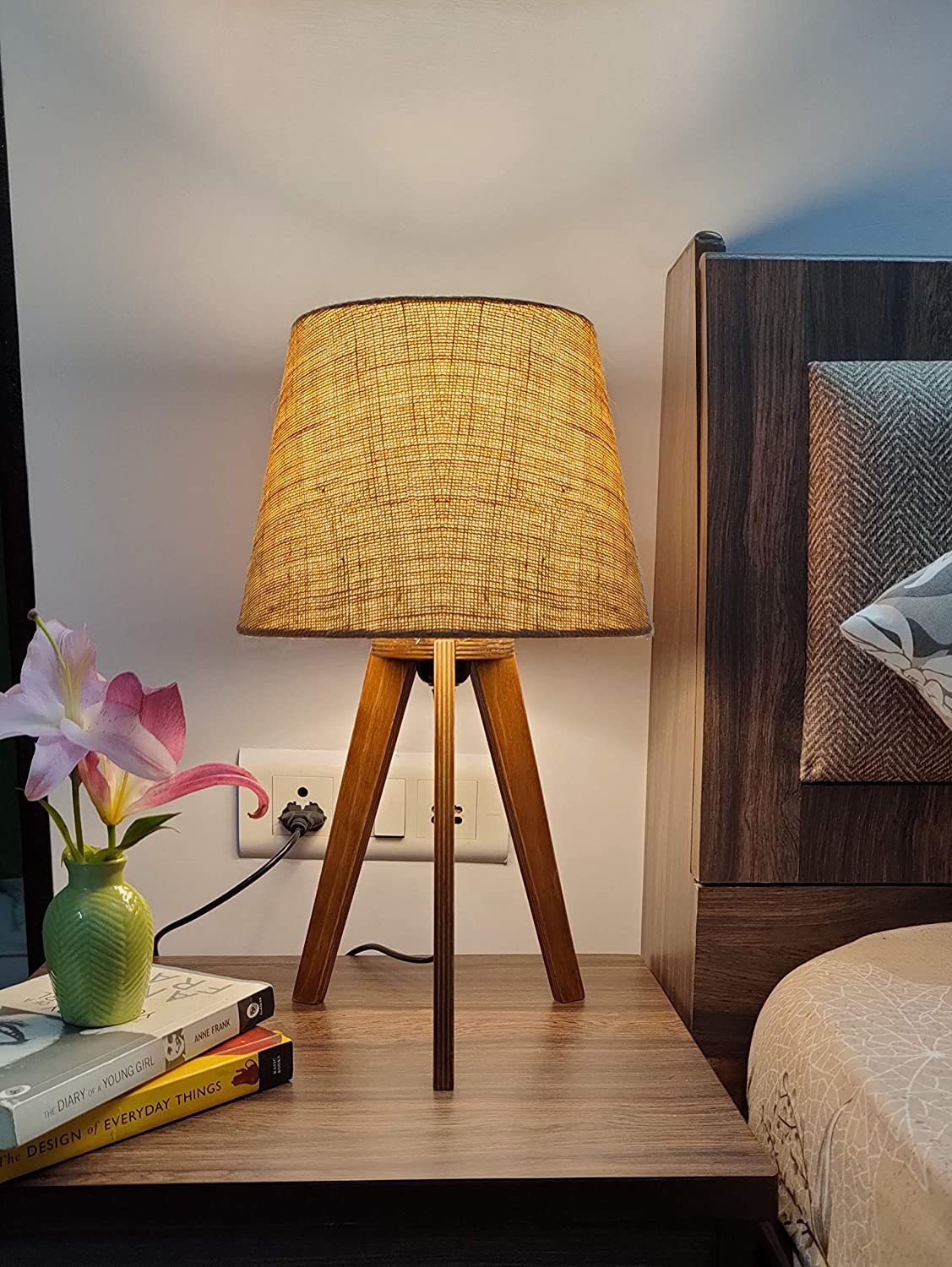 Image of PlyPandit Tripod Desk Lamp for Bedside and Study in Brown Wood Finish (Jute) Table Lamp