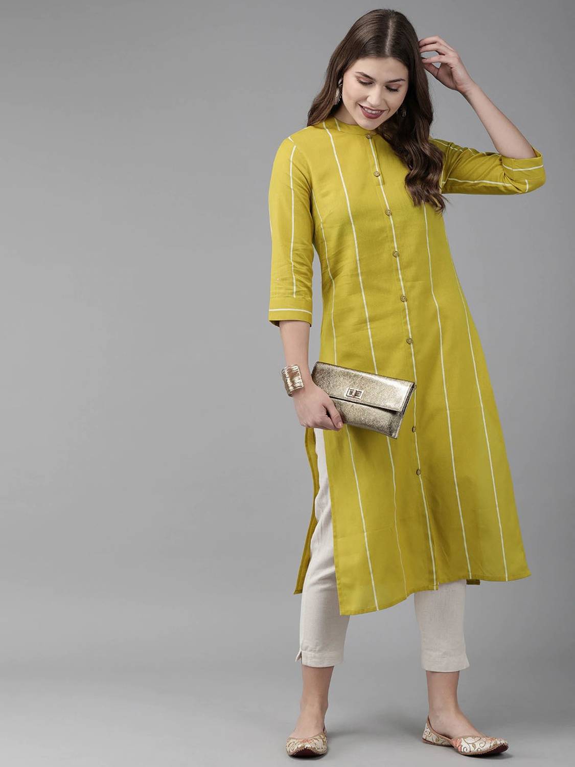 Amudee Fashion Women Striped Viscose Rayon Straight Kurta (White,