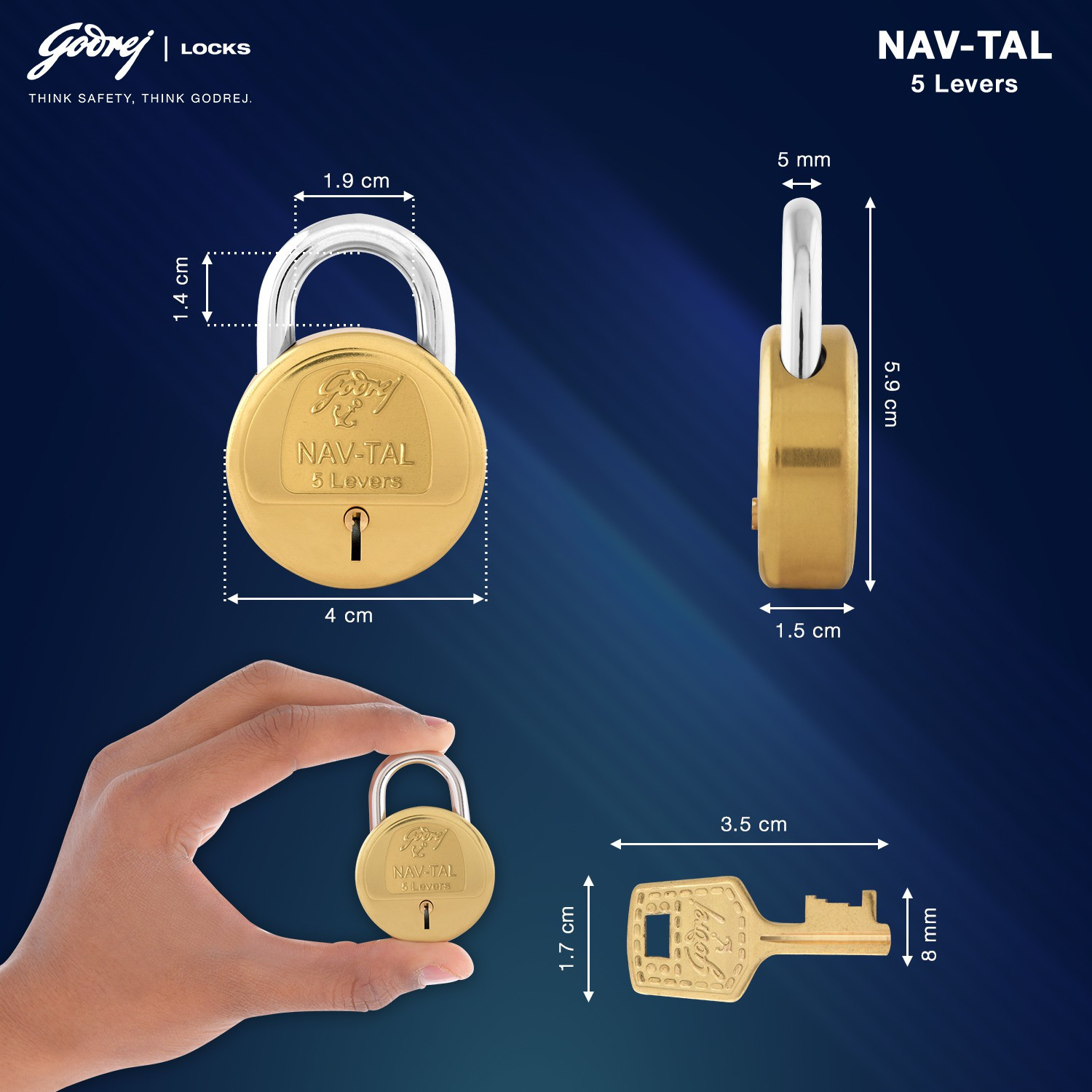 Image of Godrej Locks Locks Nav-tal 5 Levers Padlock (Gold Pack of 3) Padlock