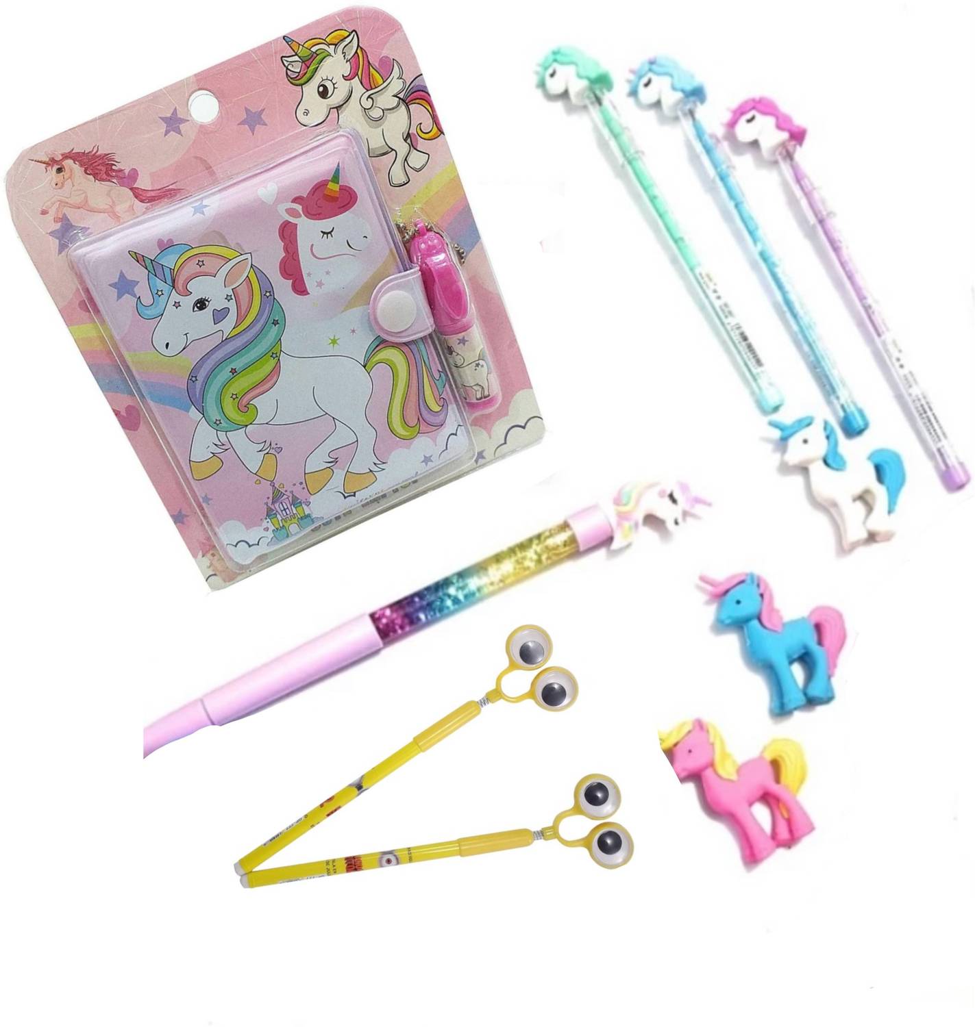 13House Kids (Pack of 10) Unicorn Pocket Diary With Pen Set For Girls/Unicorn Stacking pencils For Girls/Unicorn eraser For Girls/Unicorn Wand Glitter Pen/Eyes Spring Gel Pen/School Stationary set
