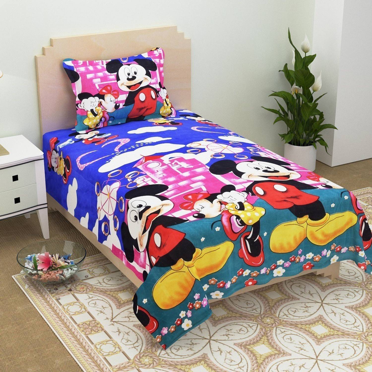 AJM Polyester Single Flat 120 TC Cartoon 1 Bedsheet with 2 Pillow Covers