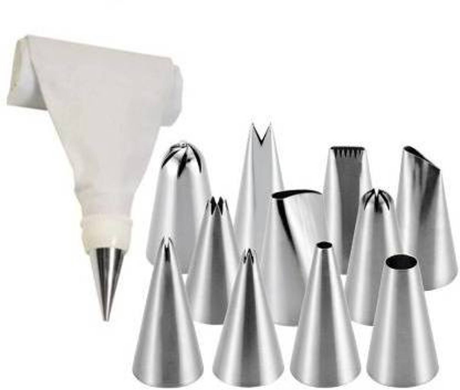 AMB 12 Piece Piping Bag Nozzles Cake Decorating Tool Set Frosting Icing Cream Syringe Piping Bag Tips With Steel Nozzles Muffin Dessert Decorators Reusable & Washable Kitchen Tool Set Silver Kitchen Tool Set Multicolor Kitchen Tool Set (Multicolor) Steel Cake Server (Pack of 12) Steel, Plastic Speciality Icing Nozzle