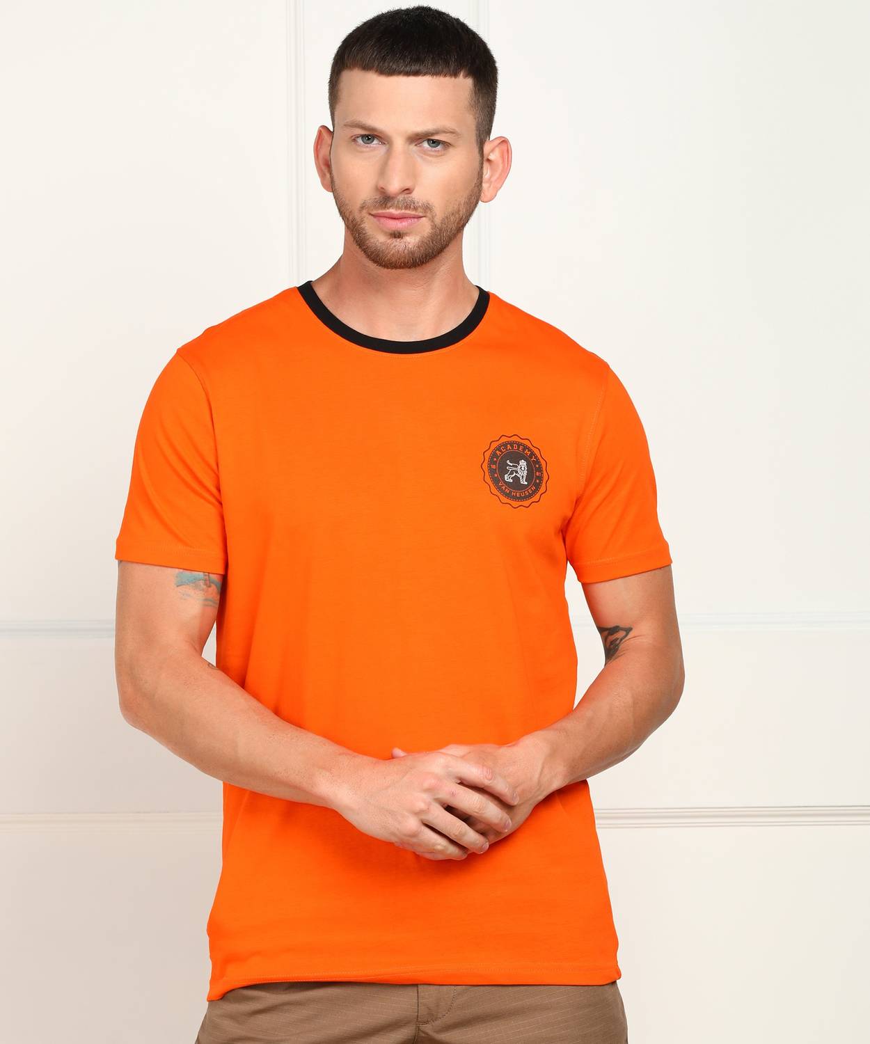 Academy By Van Heusen Solid Men Round Neck Orange T-Shirt
