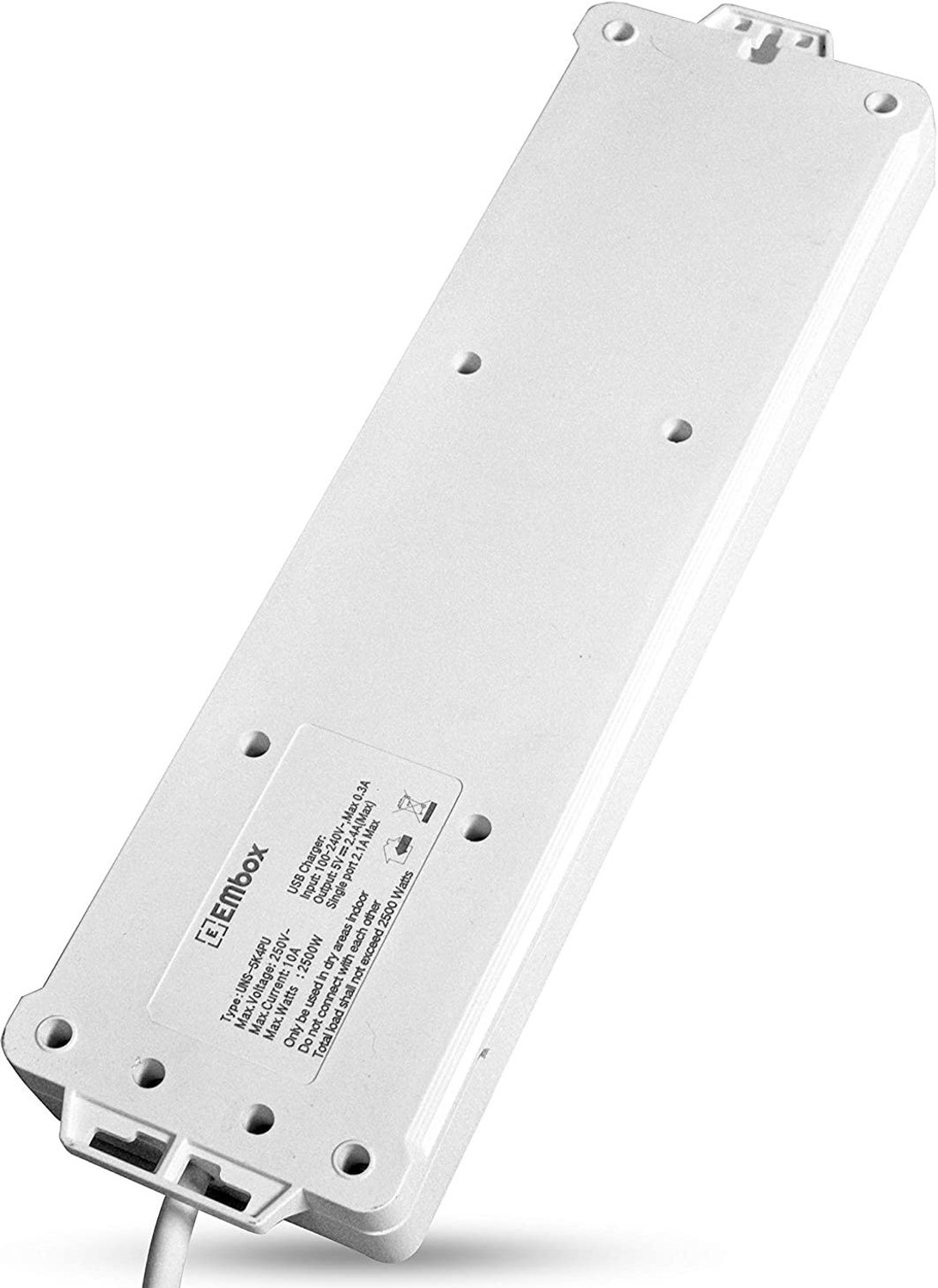 Image of EMBox Extension Boards with USB Port - 4 Universal Sockets and 3 USB (2.4 A) Charging Ports with Indicator, 1.8 mtr Cord, Individial Switch Safety Shutter Protection, Extension Cord with USB 4 Socket Extension Boards