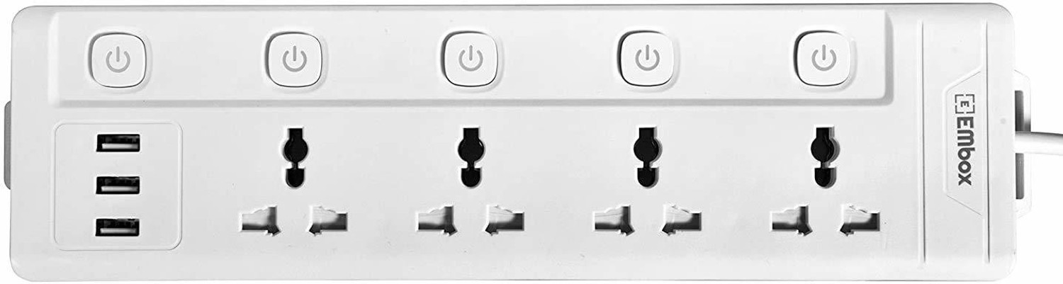 Image of EMBox Extension Boards with USB Port - 4 Universal Sockets and 3 USB (2.4 A) Charging Ports with Indicator, 1.8 mtr Cord, Individial Switch Safety Shutter Protection, Extension Cord with USB 4 Socket Extension Boards