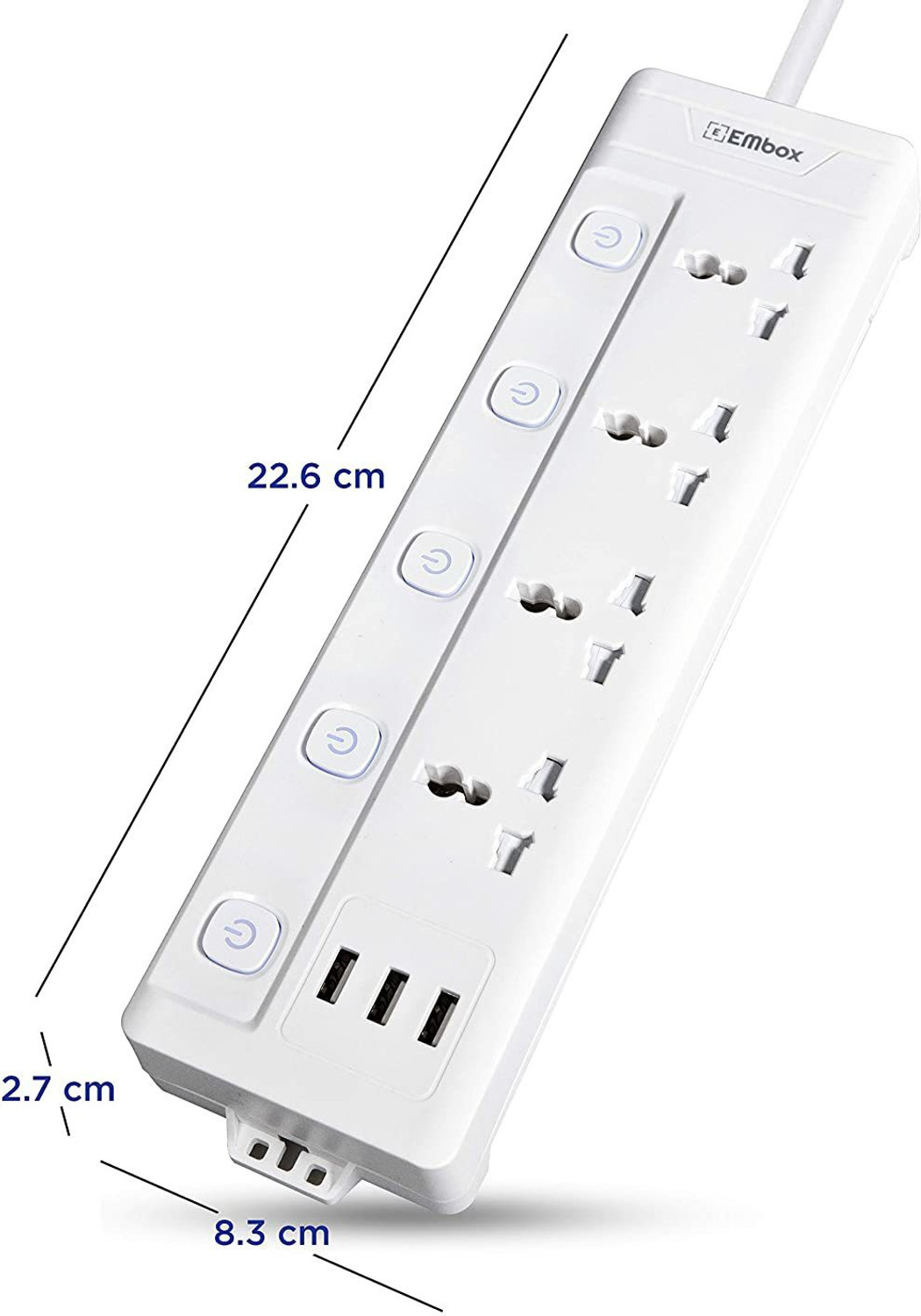 Image of EMBox Extension Boards with USB Port - 4 Universal Sockets and 3 USB (2.4 A) Charging Ports with Indicator, 1.8 mtr Cord, Individial Switch Safety Shutter Protection, Extension Cord with USB 4 Socket Extension Boards