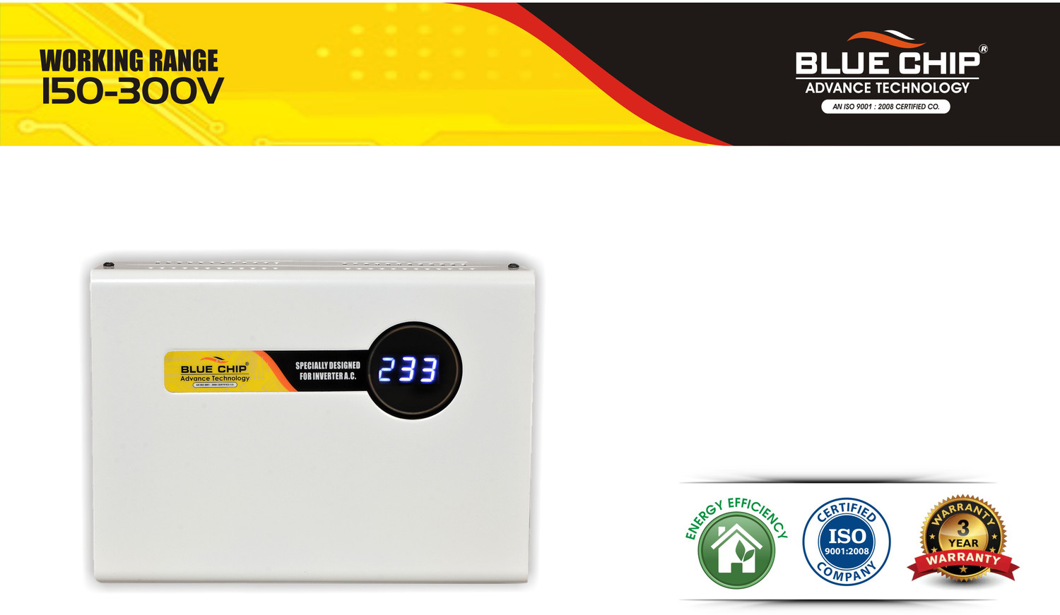 Image of BLUECHIP Voltage Stabilizer for Upto 1.5 Ton AC for Home with Digital Display and Metallic Body ( 4kVA , Working Range - 150-300 V , Wall Mount) Voltage Stabilizer for Upto 1.5 Ton AC for Home with Digital Display and Metallic Body ( 4kVA , Working Range - 150-300 V