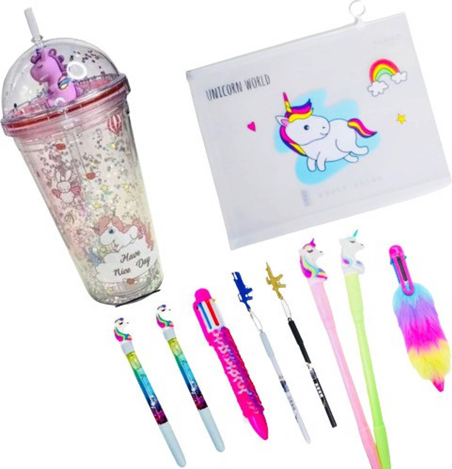 13House Kids (Pack of 10) Big Combo Of Unicorn File Folder with Stationary/Unicorn Sipper For Girls/Unicorn Glitter pen/Sequence pen/Unicorn Light Pen/ Feather penPubg Gun Pen for kids School Stationary Set