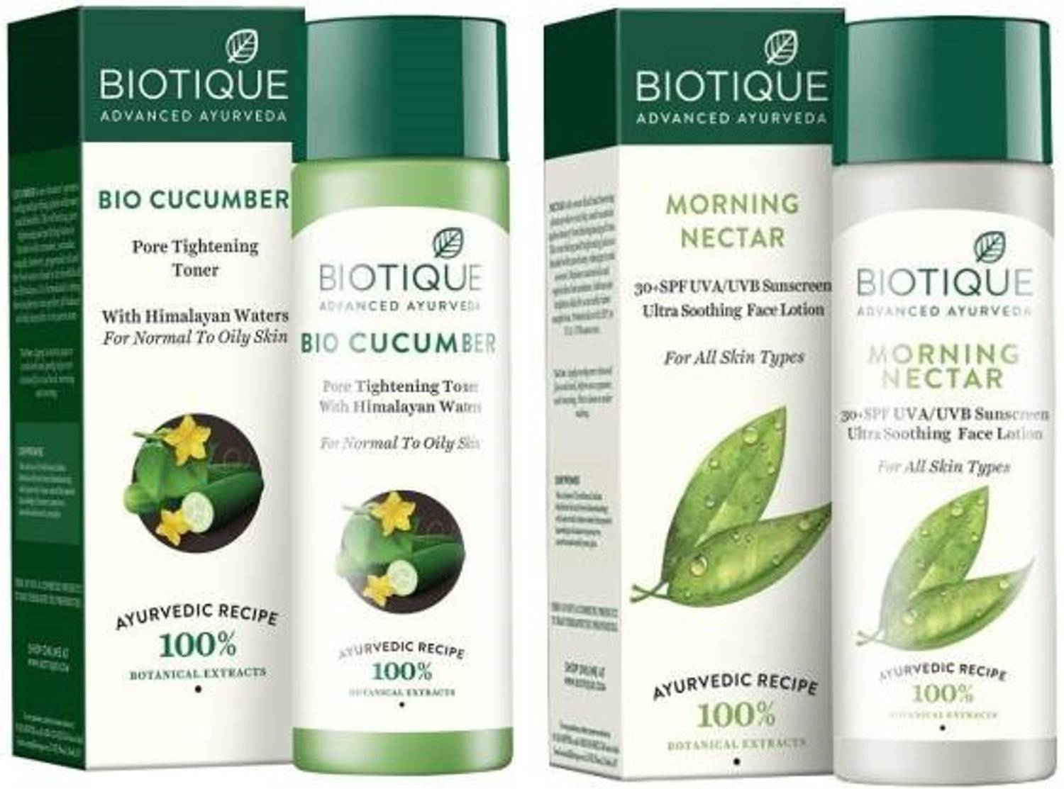 BIOTIQUE BIO CUCUMBER PURE TIGHTENING TONER WITH HIMALYAN WATERS,120ML & BIO MORNING NECTAR VISIBLY FLAWLESS SKIN MOISTURIZER,120ML