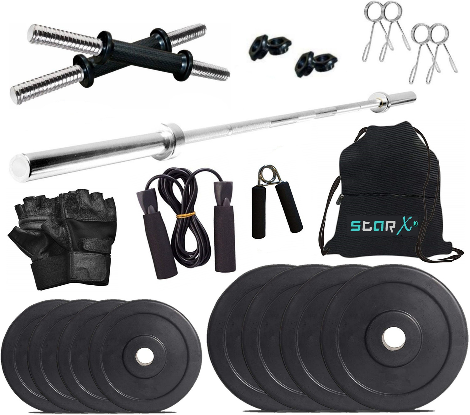 Image of STARX 40 kg Rubber weight Plates with 5ft Straight Rod and Accessories Home Gym Combo