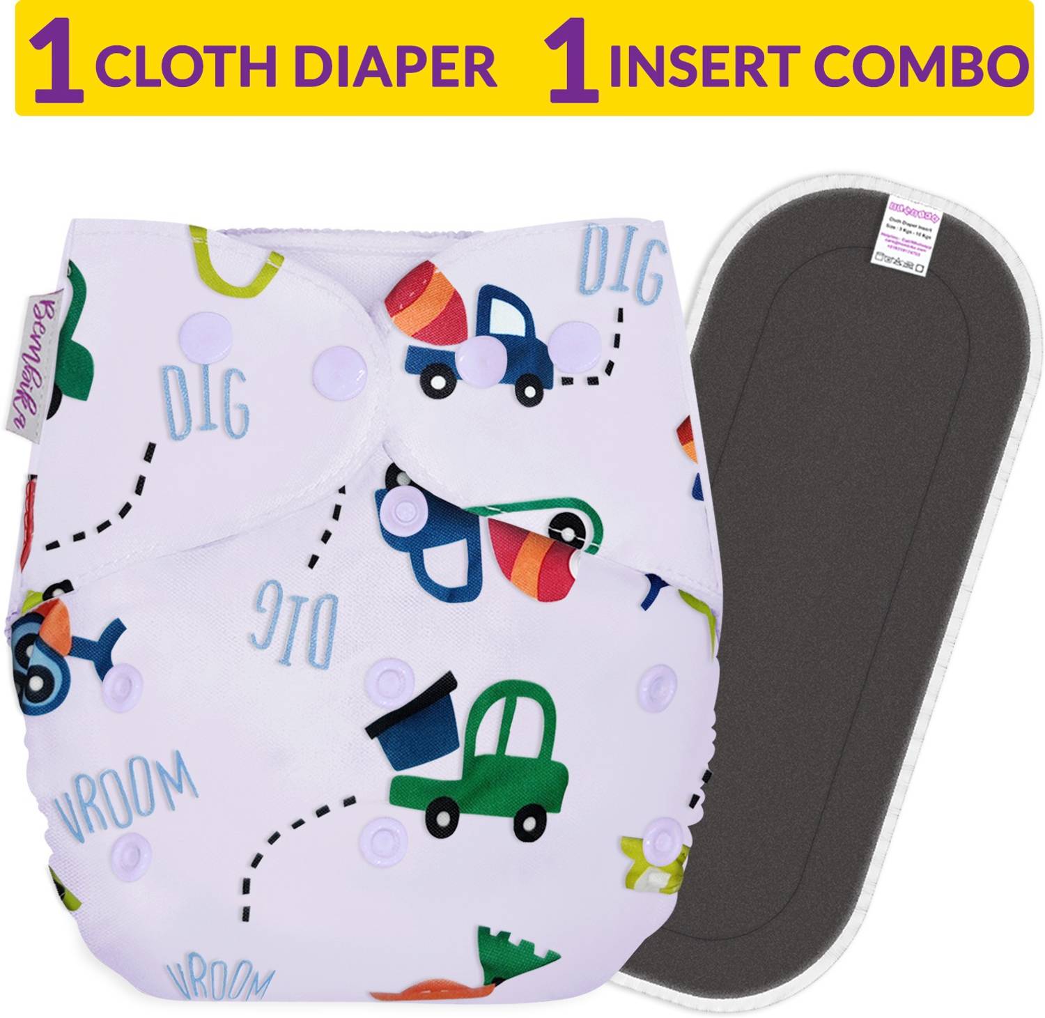 Bembika B Plus Printed Cloth Diapers for Babies, Washable Reusable, Adjustable Sizes with 5 Layer Bamboo Charcoal Insert (Car Doodle)
