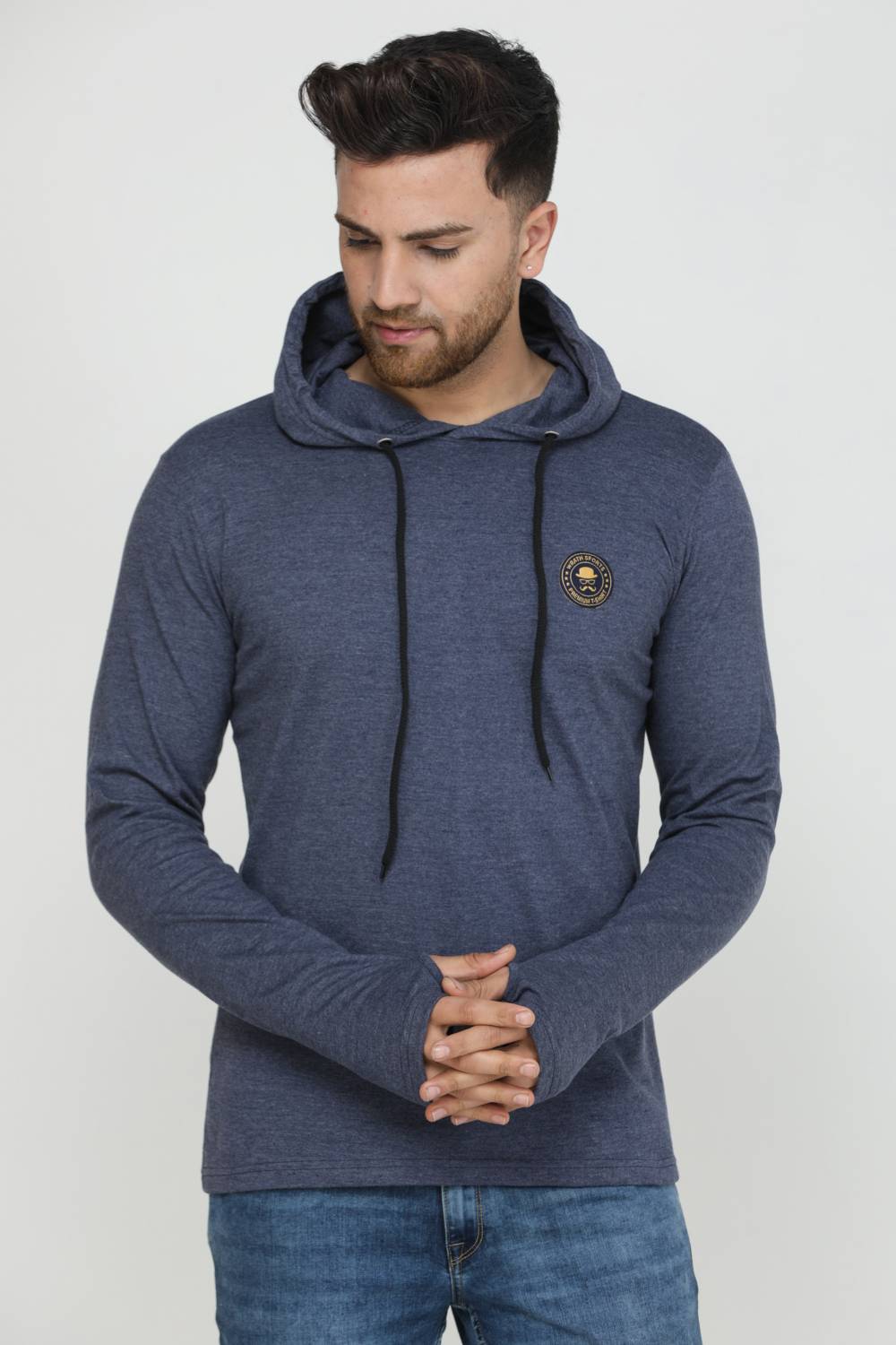 COUNTRY YARD Men Solid Hooded Neck Pure Cotton Blue T-Shirt