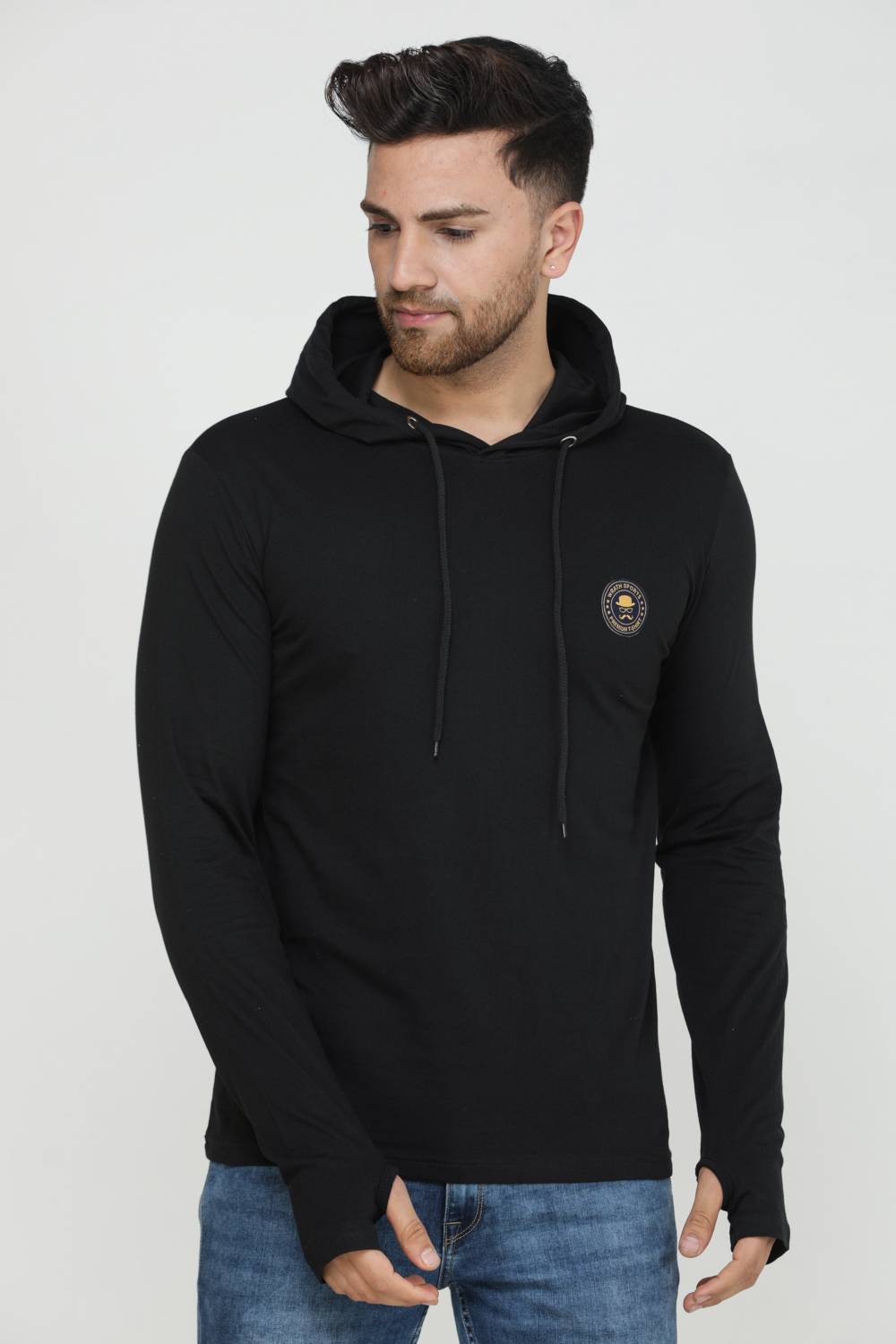 Wrath Men Solid Hooded Neck Pure Cotton Black T-Shirt